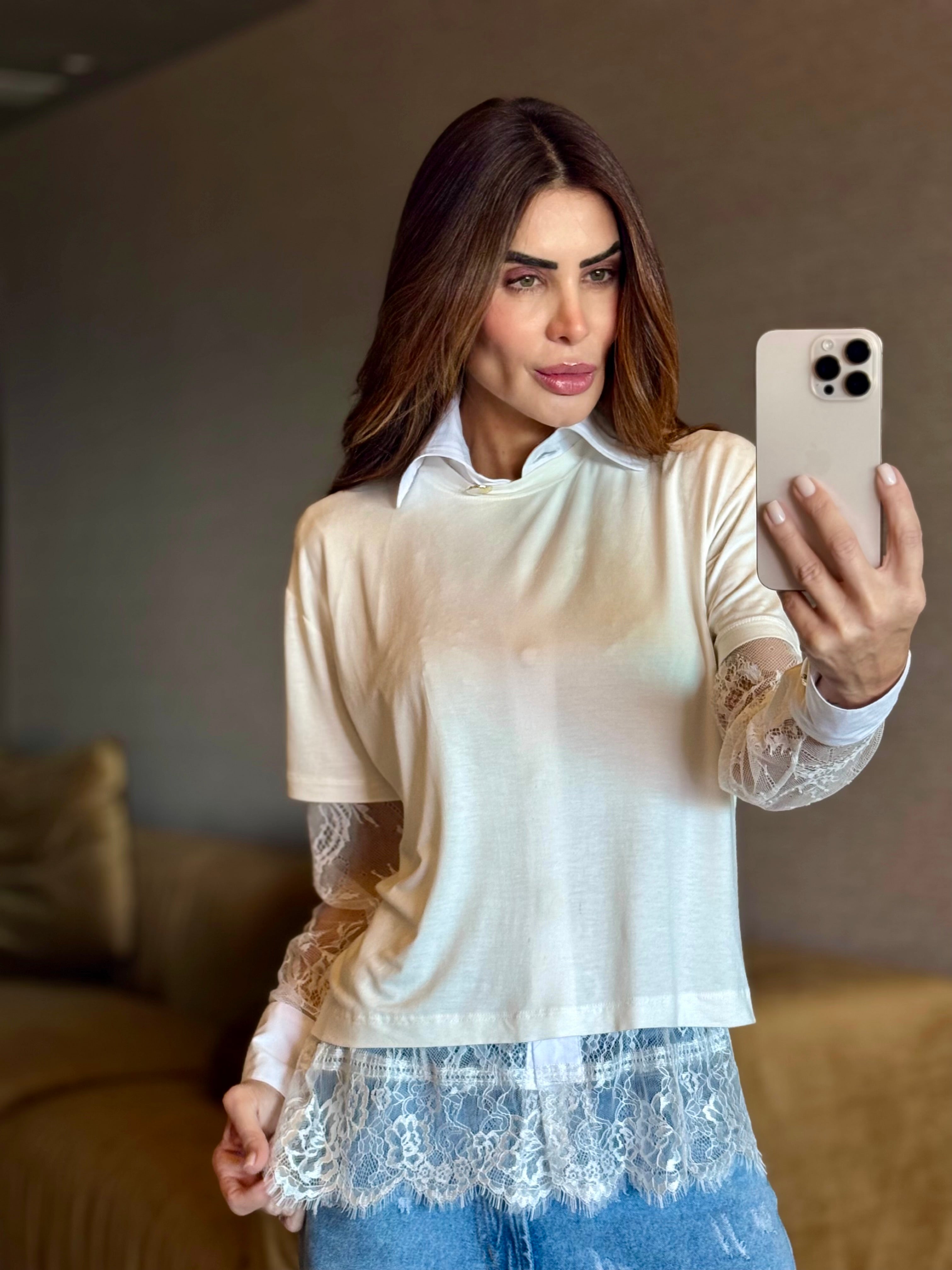 Camisa Renda com Tricoline Manga Longa