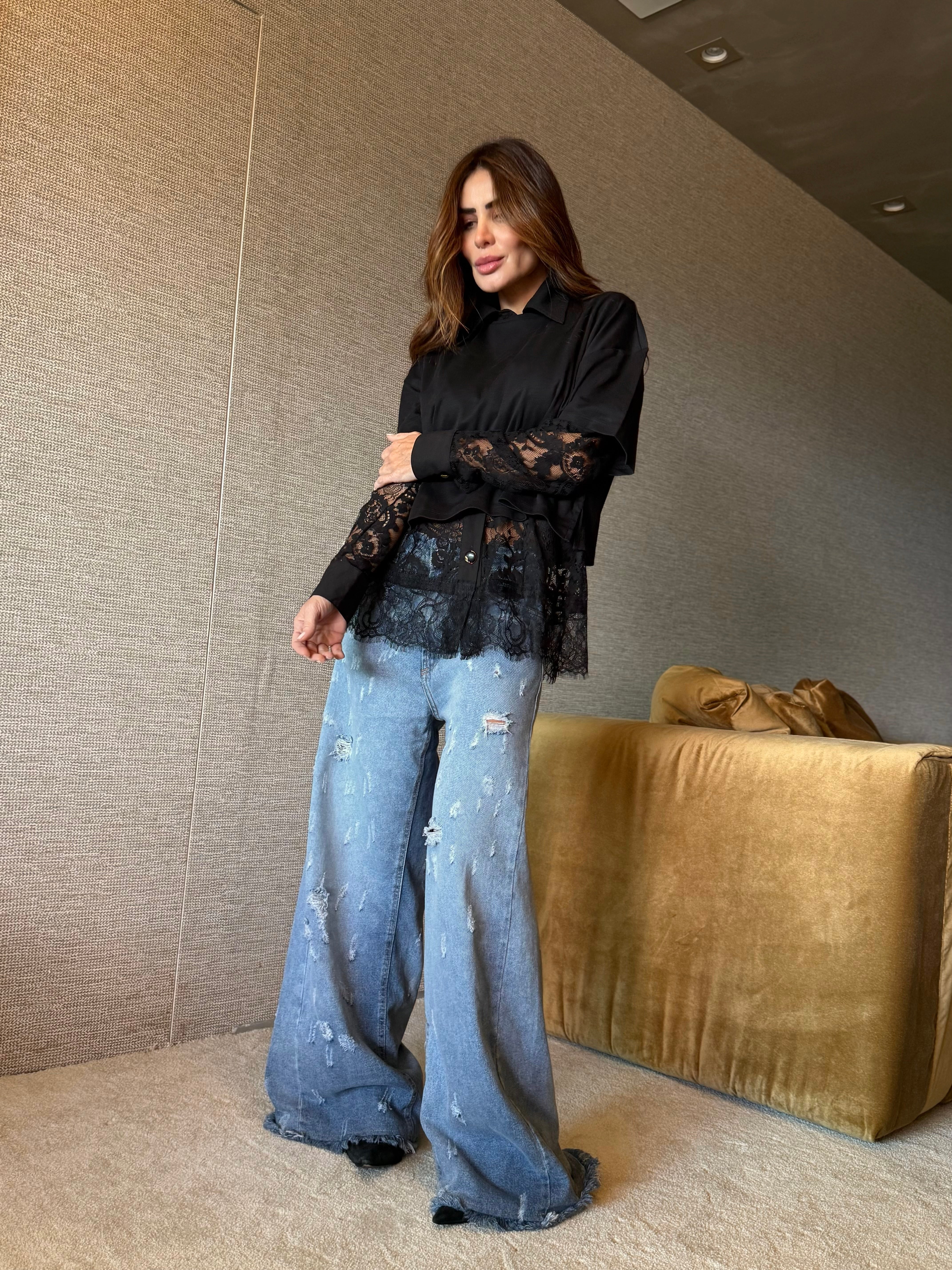 Camisa Renda com Tricoline Manga Longa