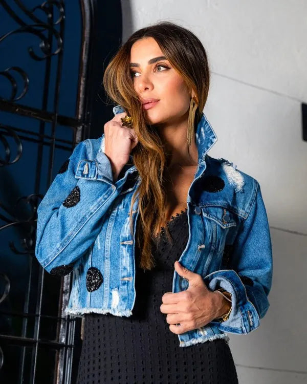 Jaqueta Bordada Poa Preto JEANS ESCURO