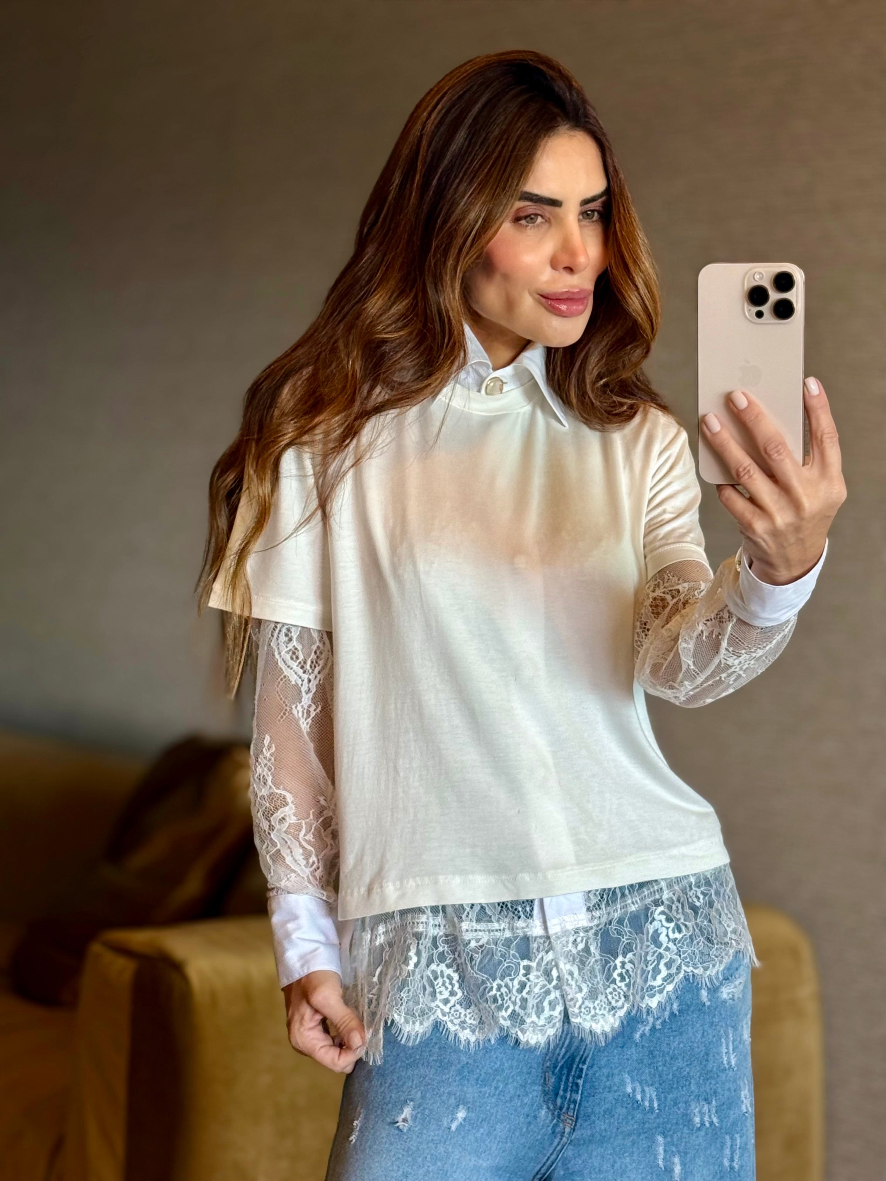 Camisa Renda com Tricoline Manga Longa