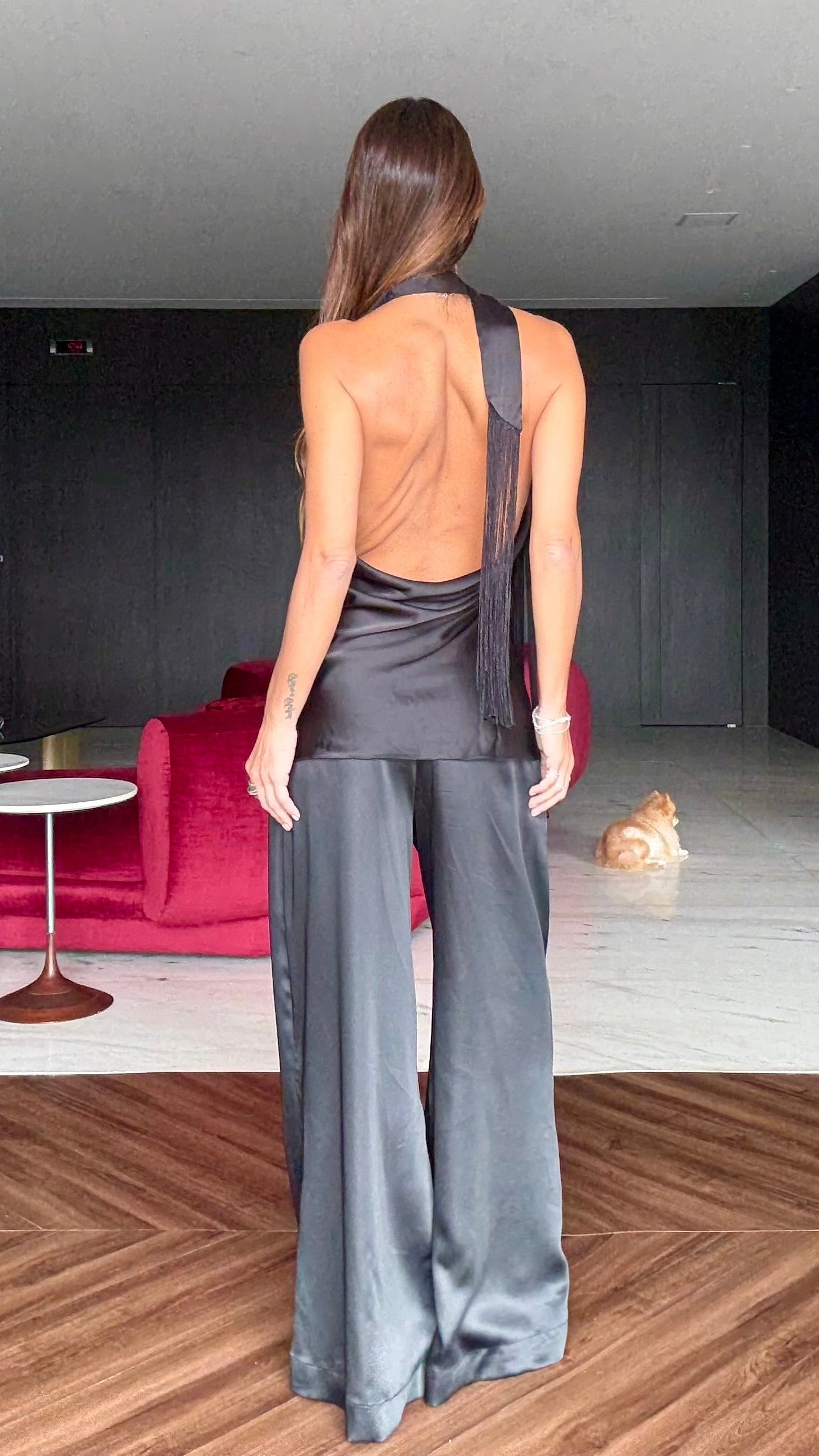 Blusa Cetim amarração com franja em renda