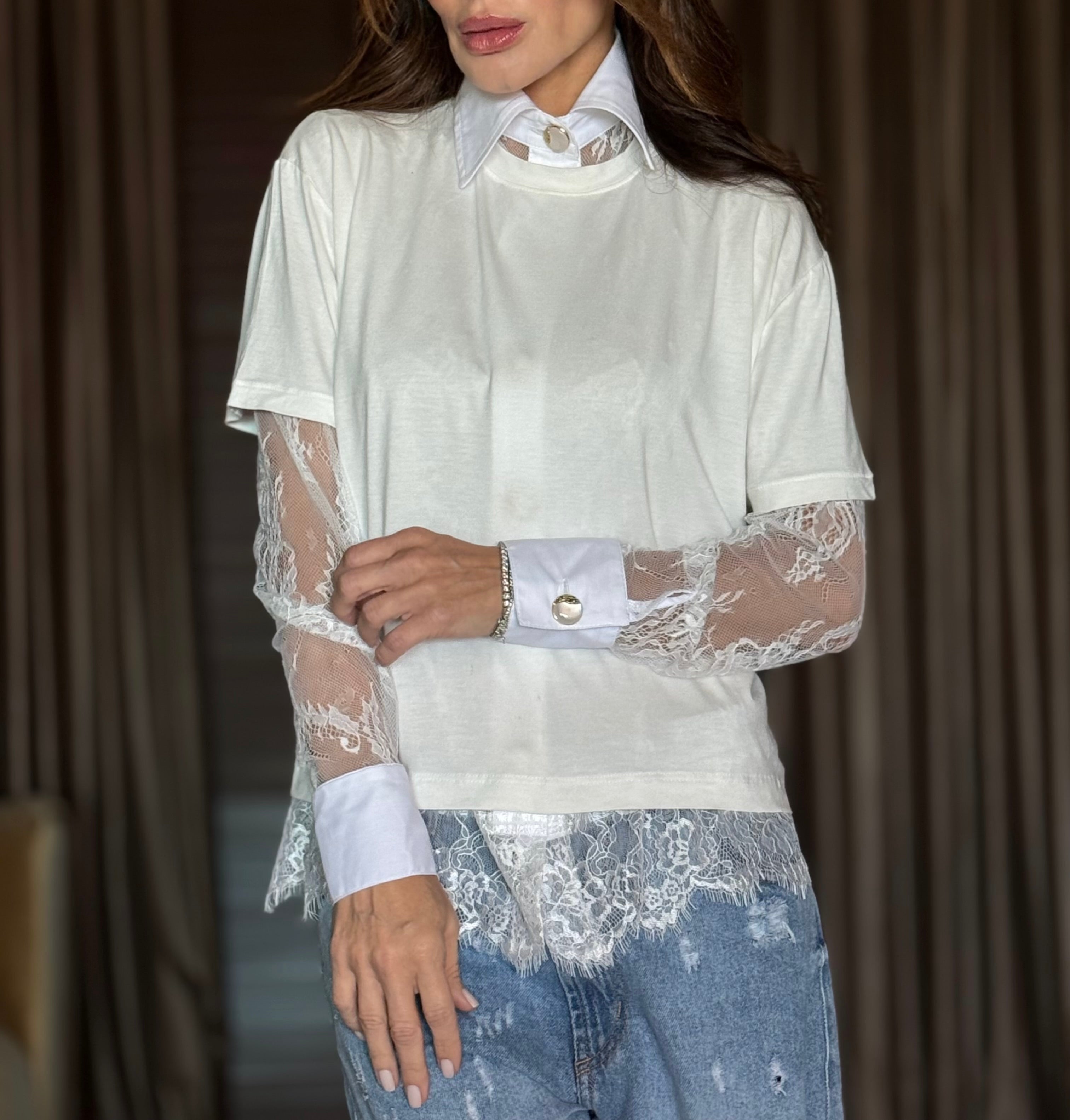 Camisa Renda com Tricoline Manga Longa