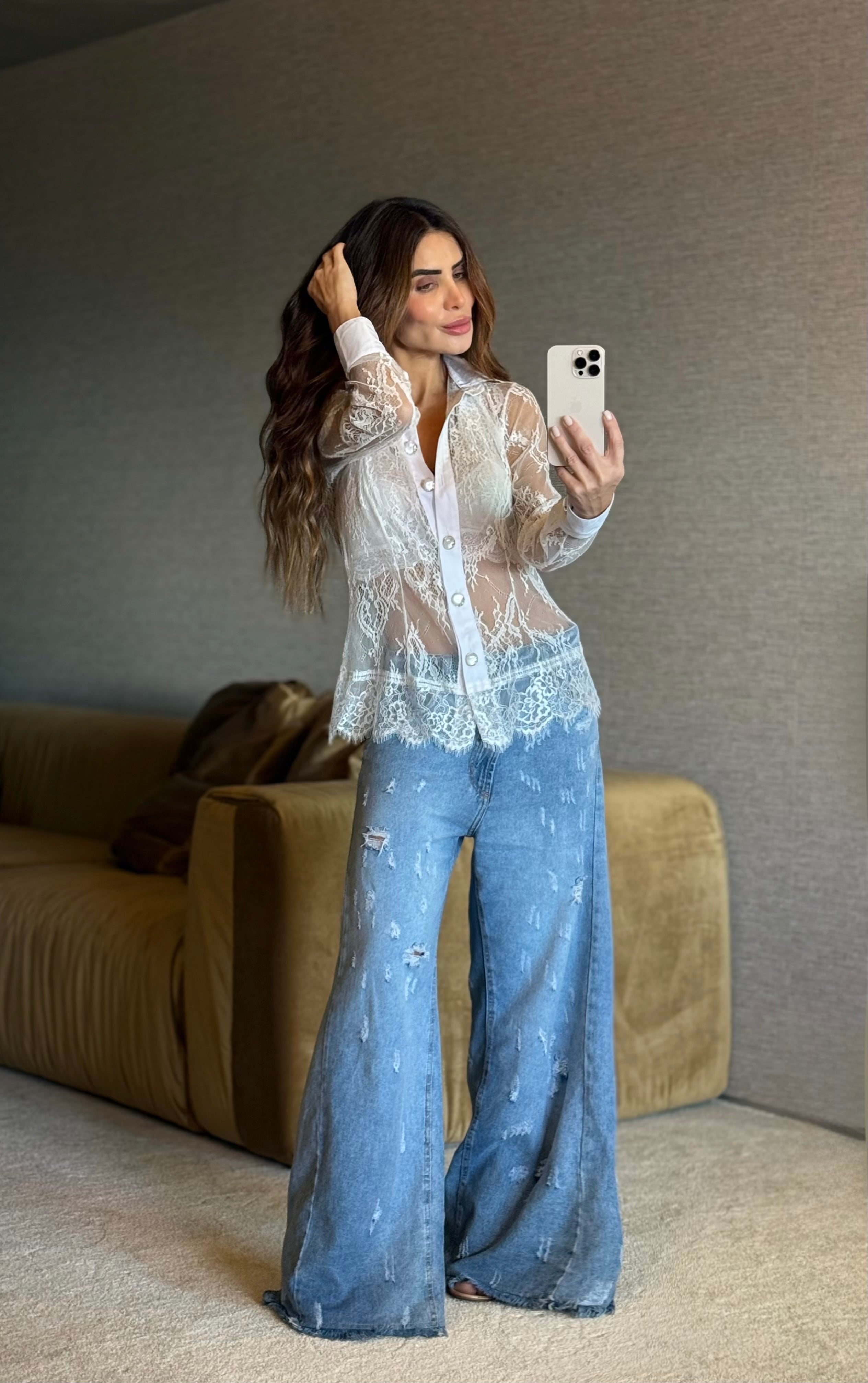 Camisa Renda com Tricoline Manga Longa