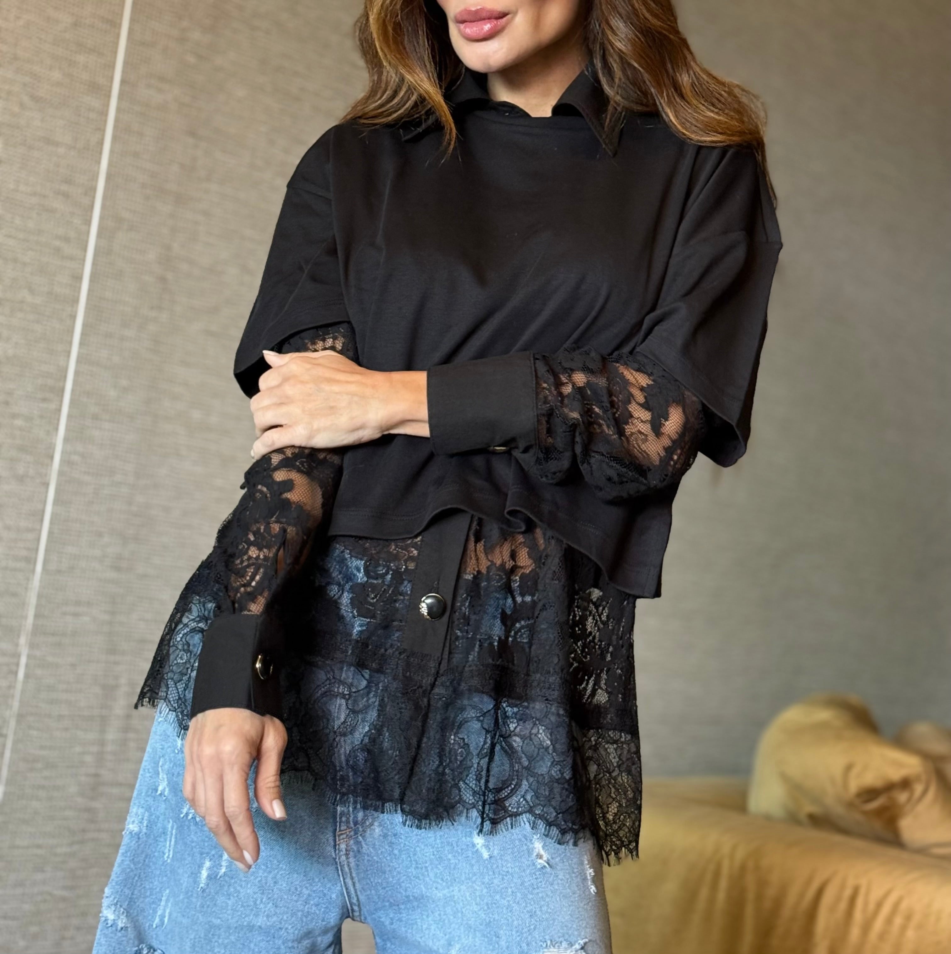 Camisa Renda com Tricoline Manga Longa