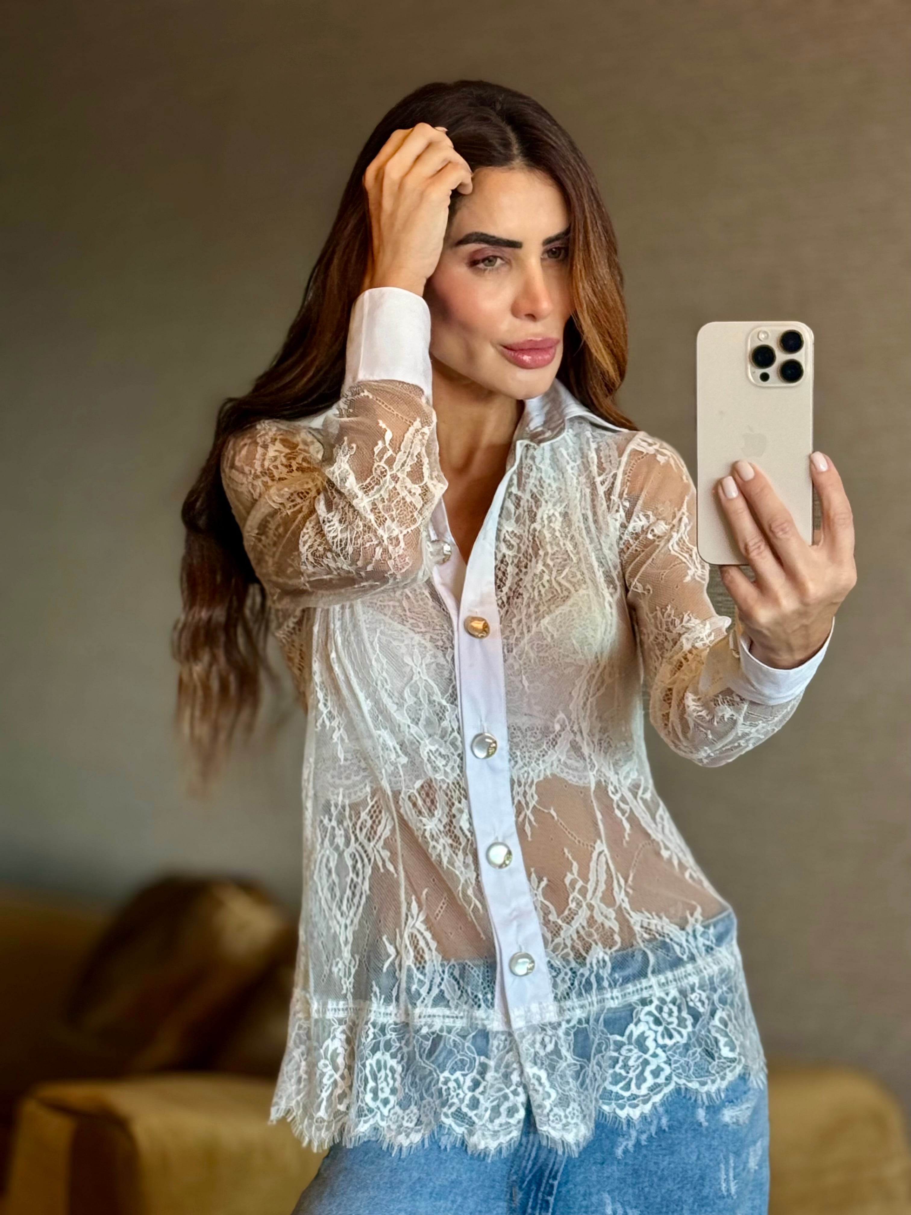 Camisa Renda com Tricoline Manga Longa