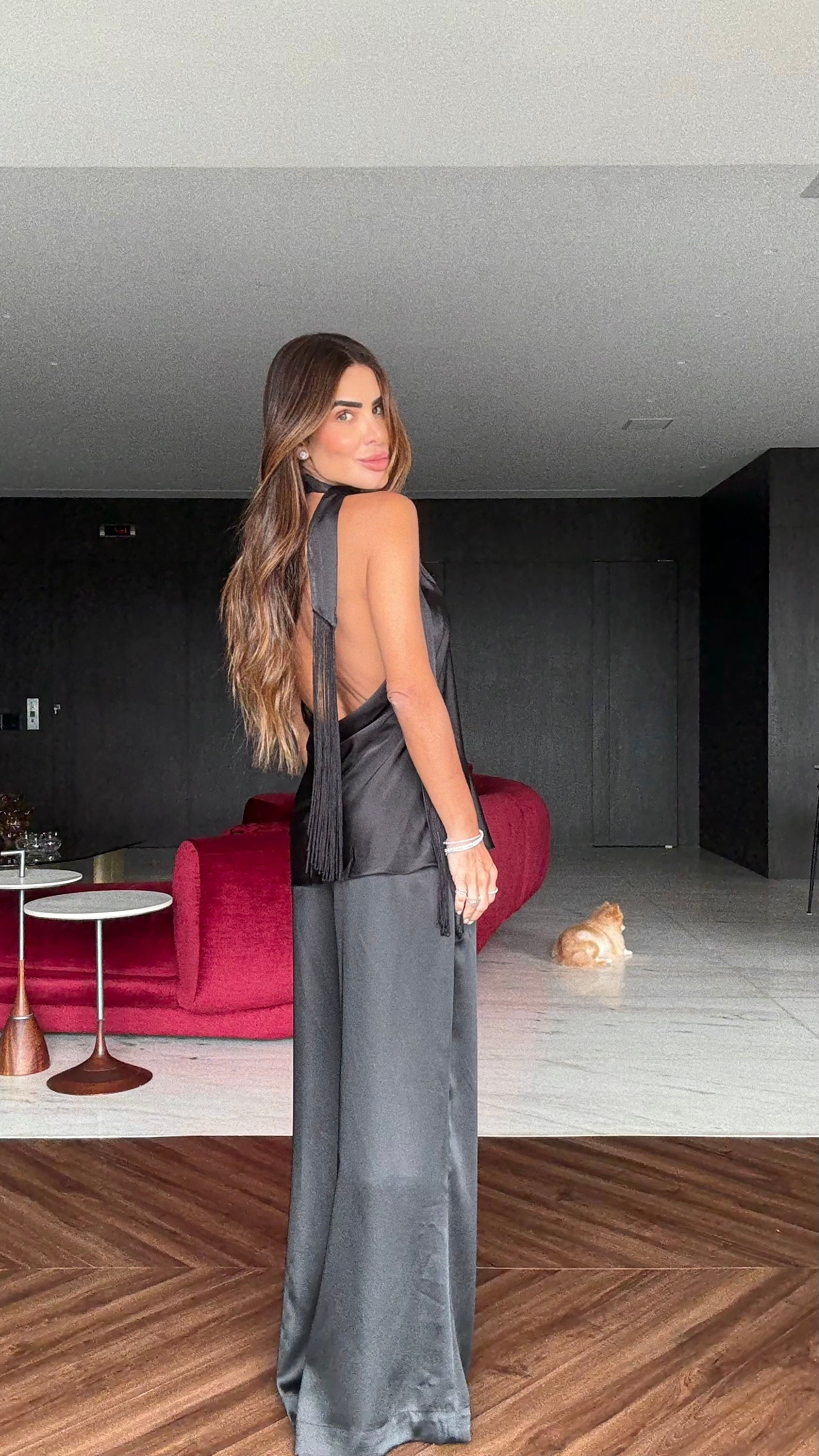 Blusa Cetim amarração com franja em renda