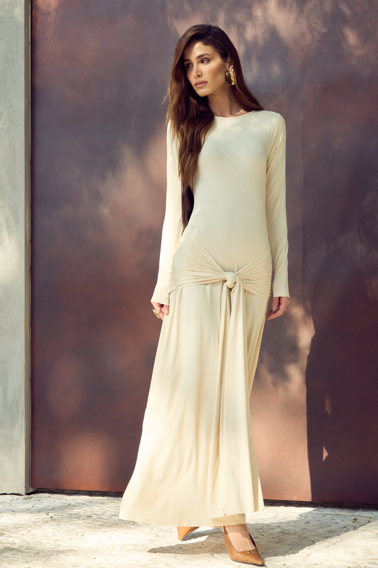 Vestido Manga Longa Malha Fria Com Faixa E Fivela