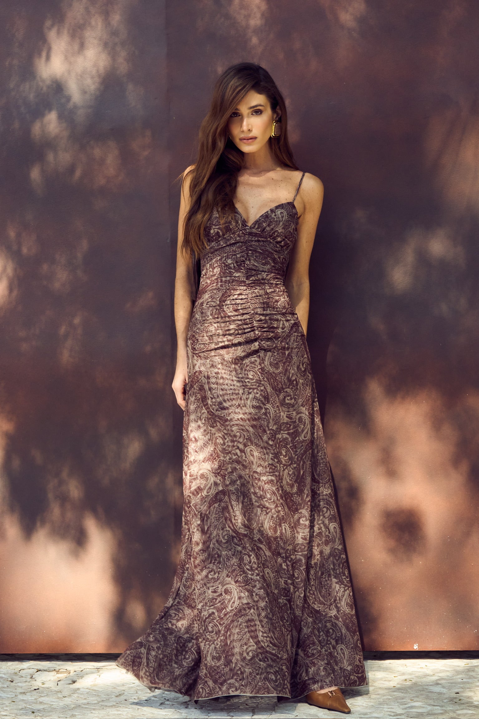 Vestido De Tule de Alcinha Franzido Com Estampa Cashmere