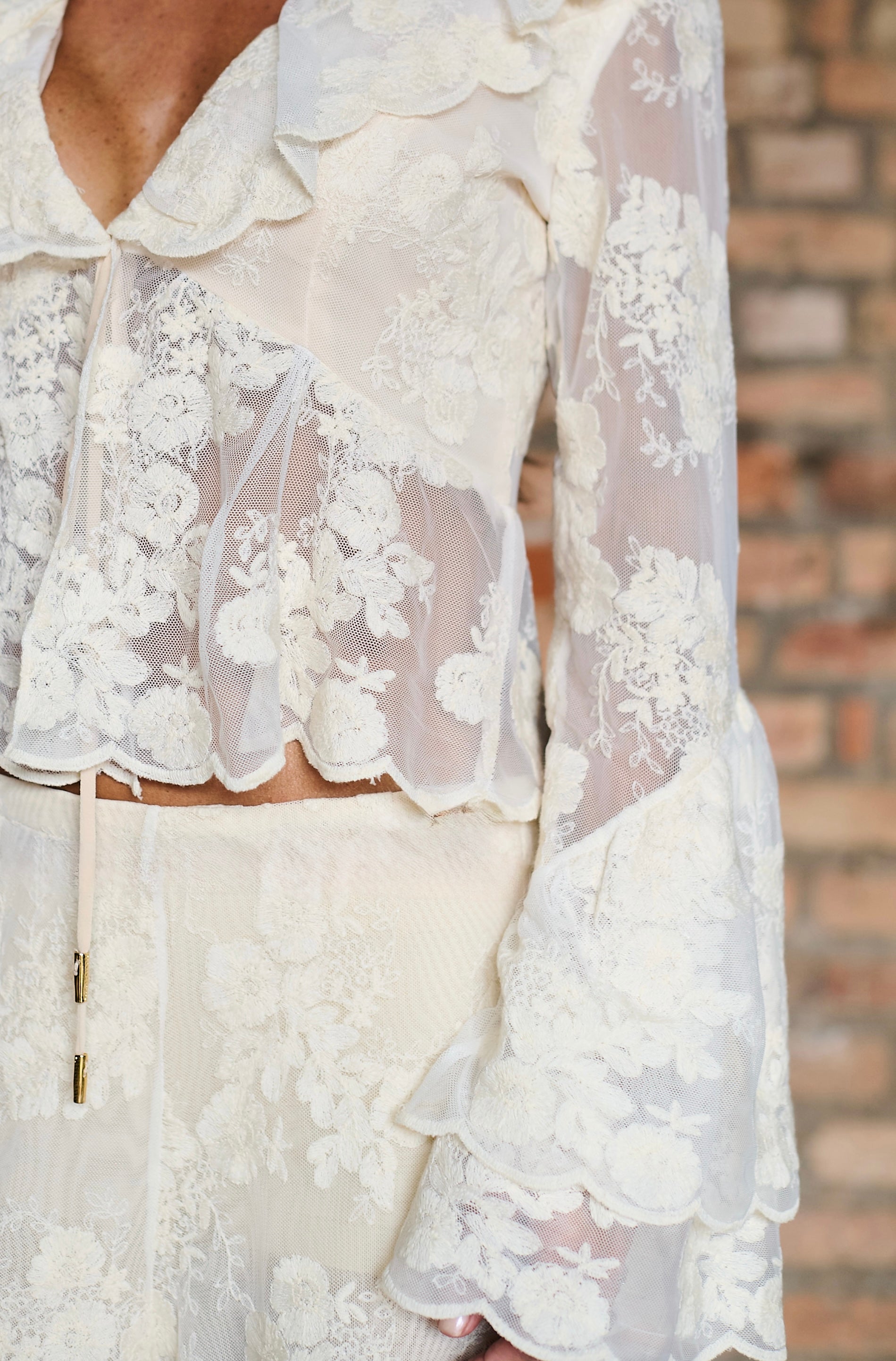 Blusa em Tule Bordado Babados Gola e Manga