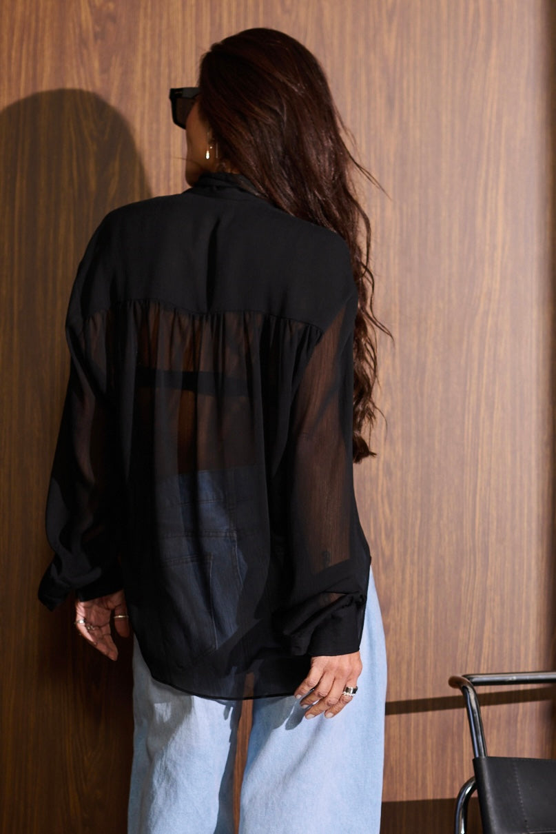 Camisa Chiffon de Seda Gola Laço