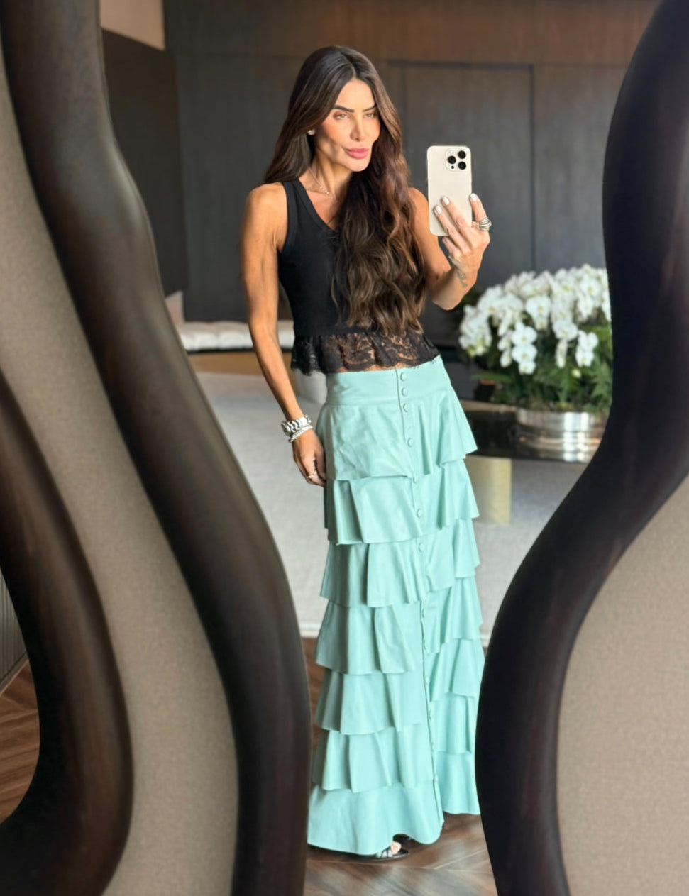 Saia De Couro Com Babados