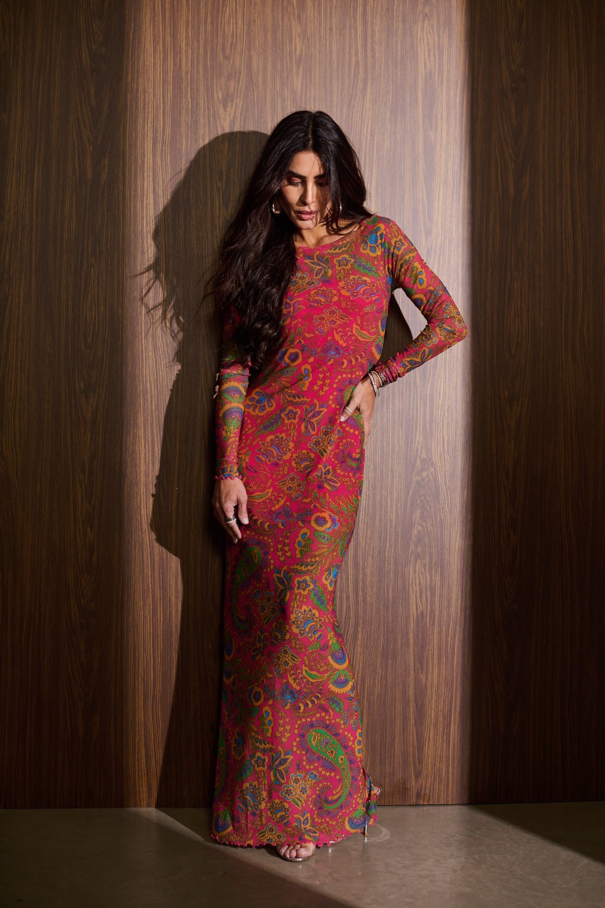 Vestido Longo em Tule Estampado Decote Canoa