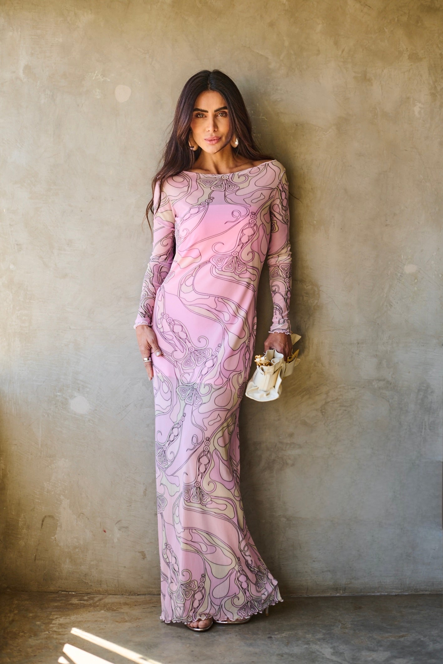 Vestido Longo em Tule Estampado Decote Canoa
