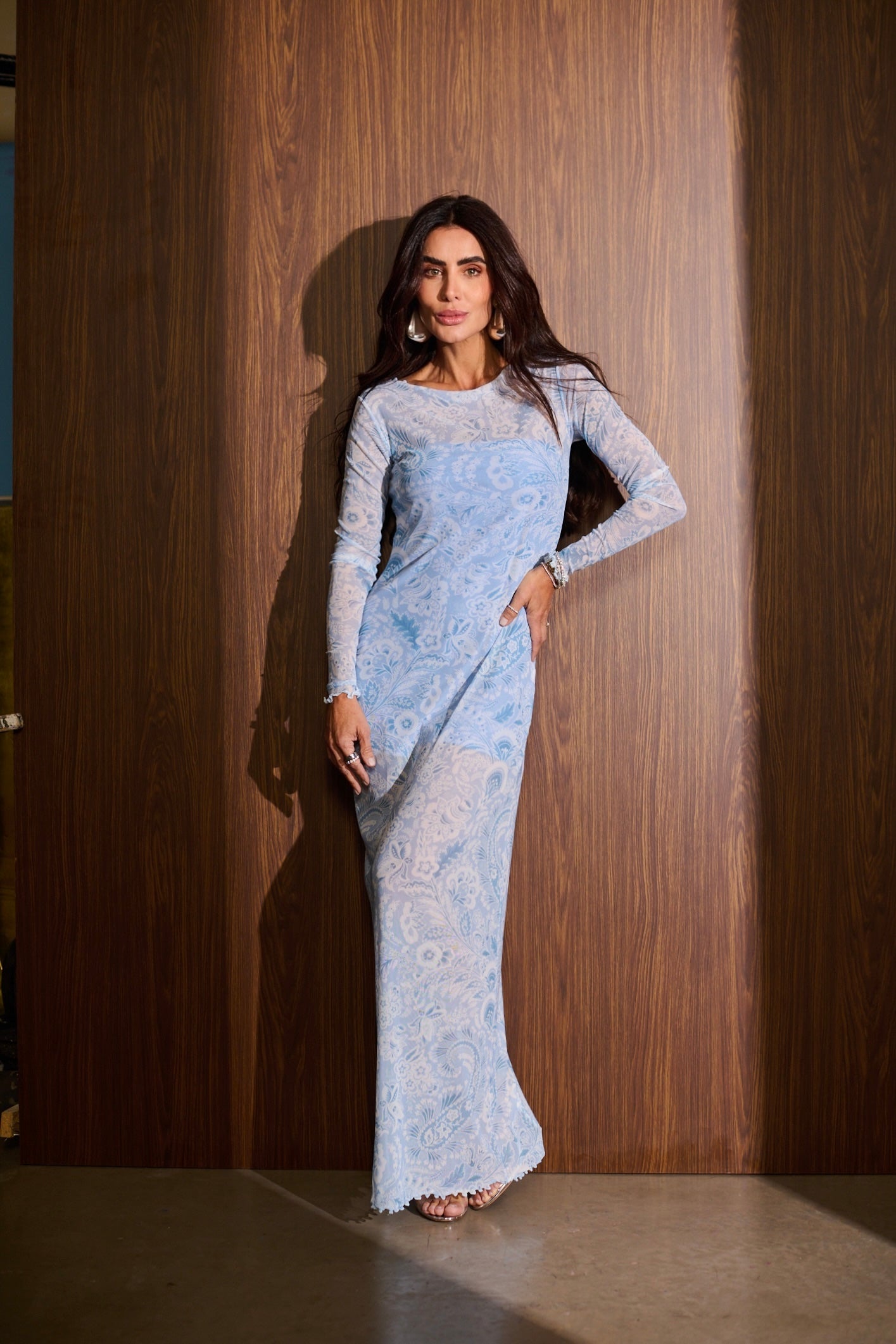Vestido Longo em Tule Estampado Decote Canoa