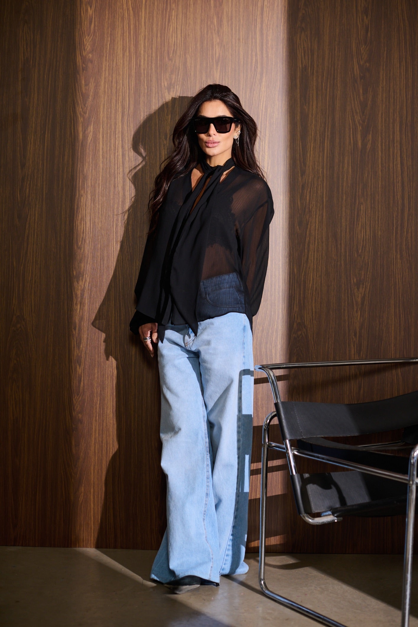Camisa Chiffon de Seda Gola Laço