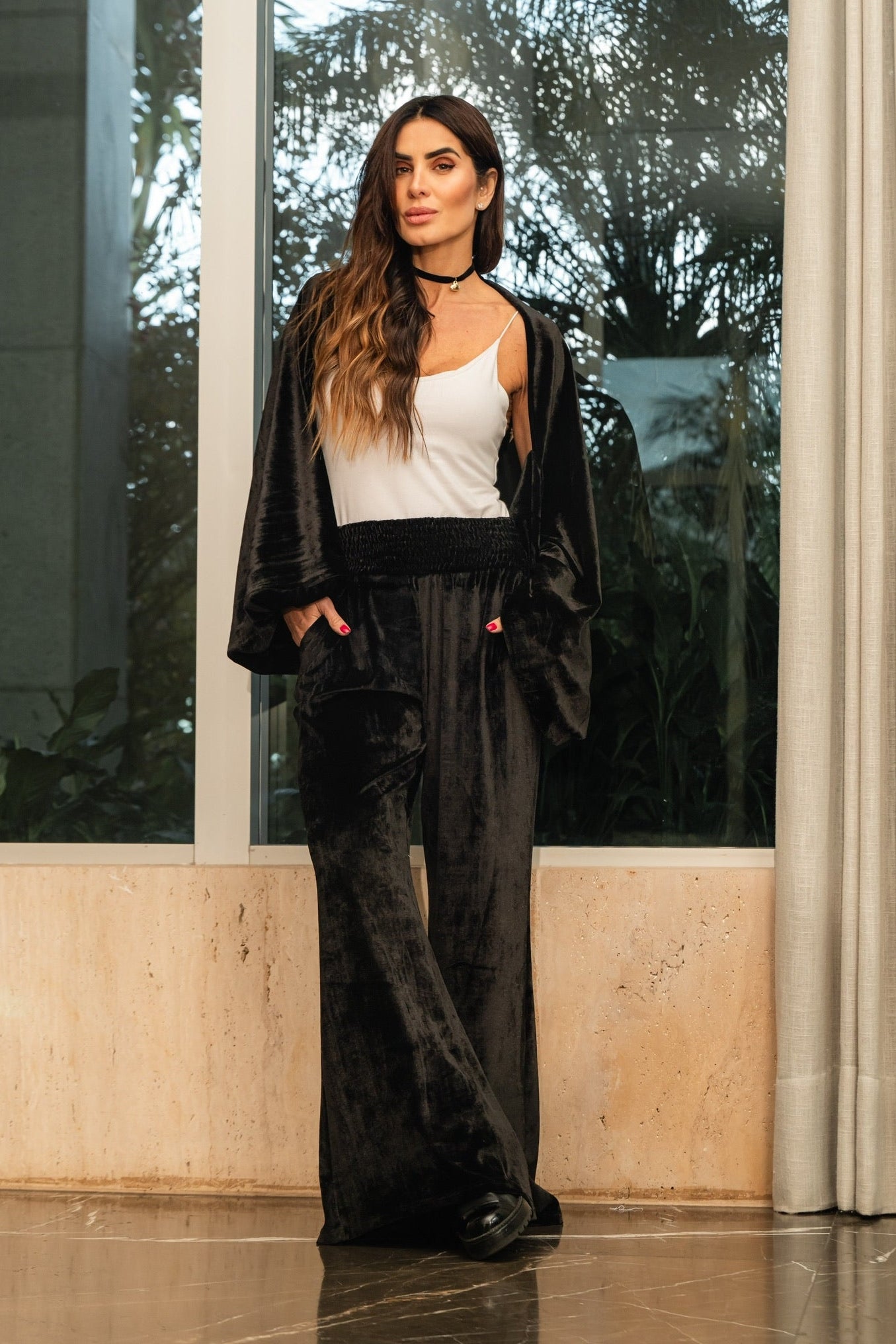 Calça Cós Lastex Pantalona De Veludo