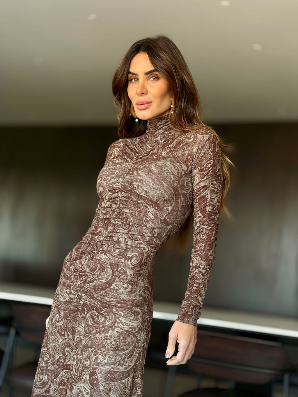 Vestido De Tule Franzido Cashmere Manga Longa