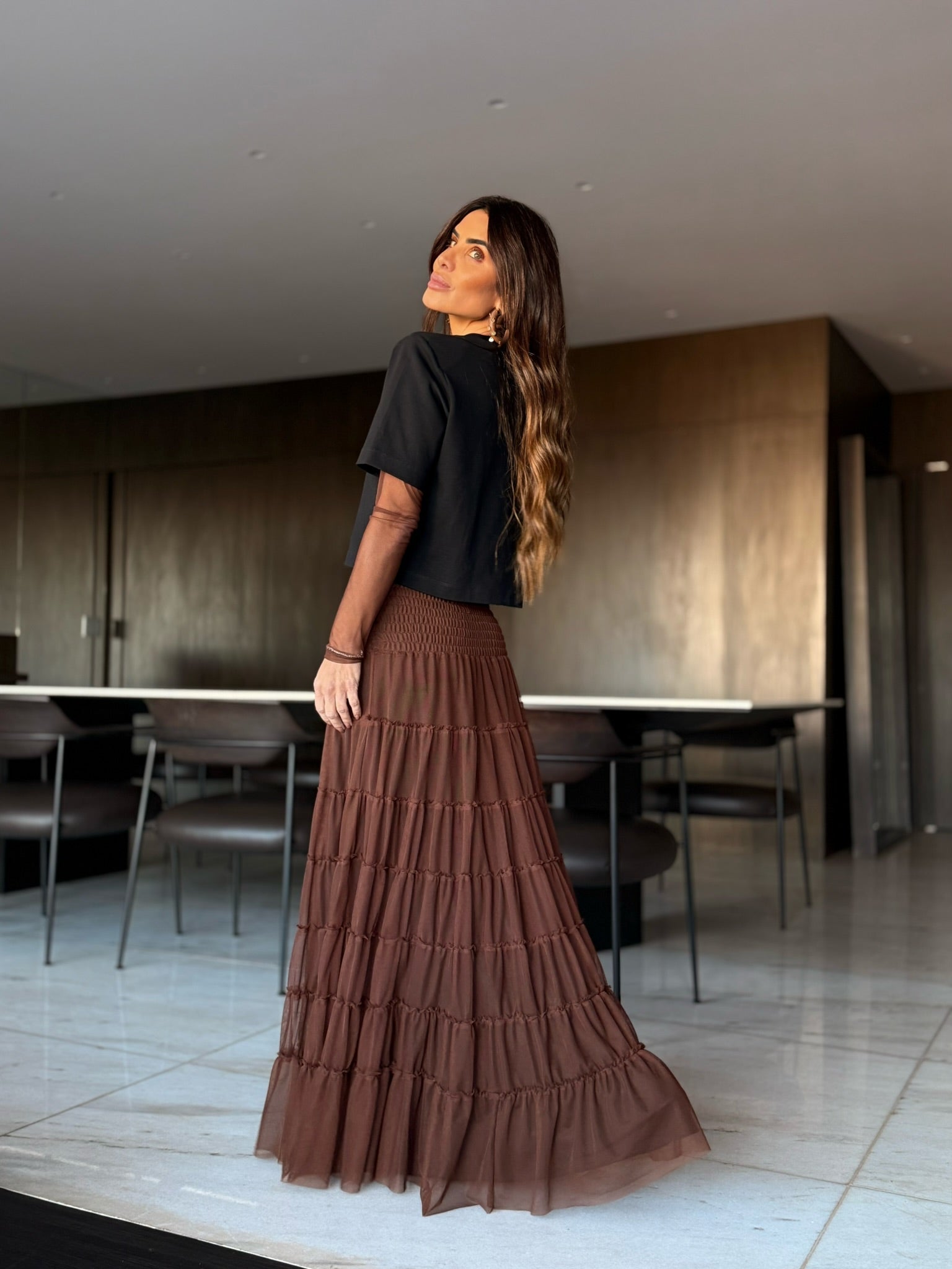 Conjunto Segunda Pele E Saia Em Tule