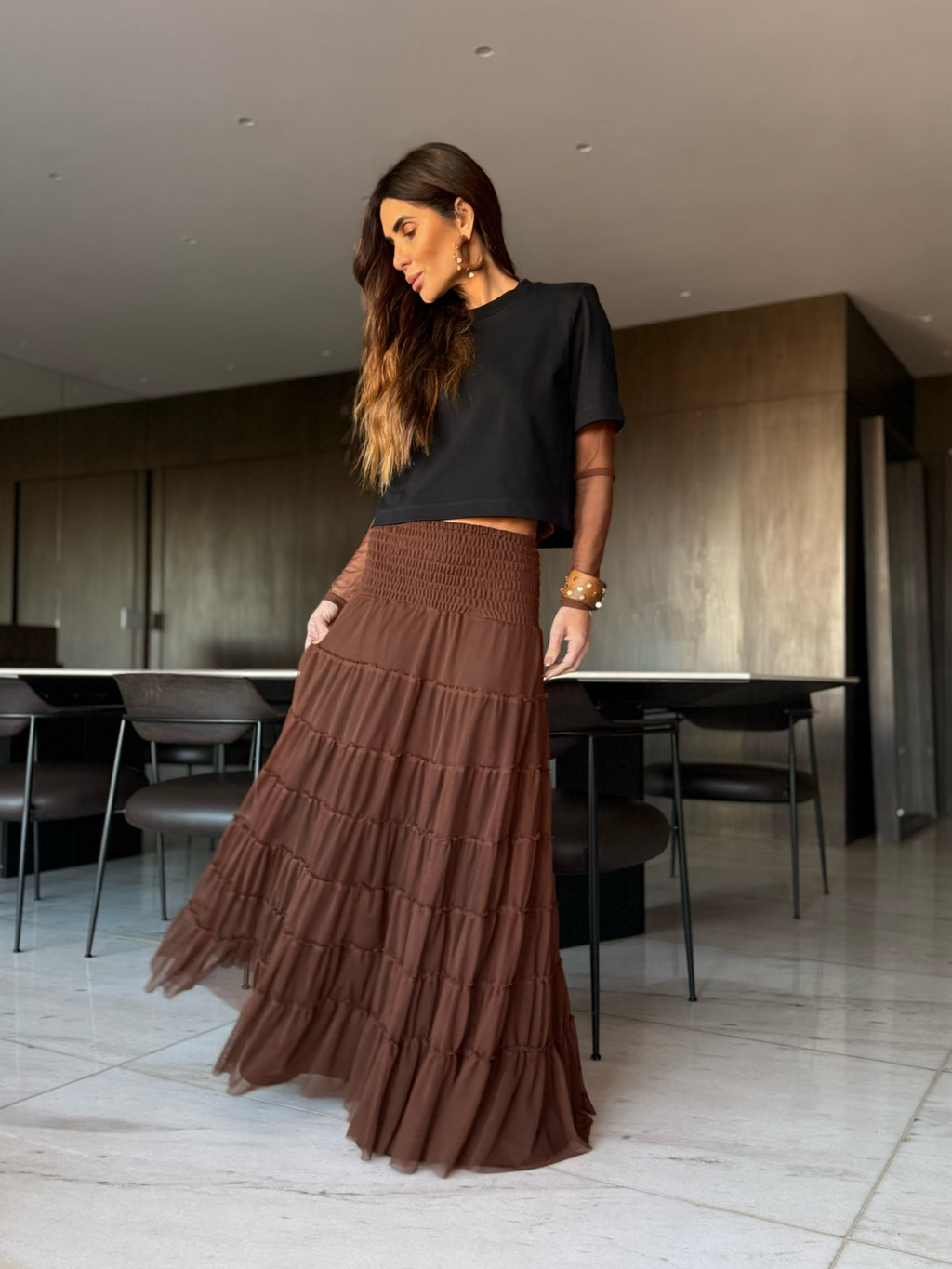 Conjunto Segunda Pele E Saia Em Tule