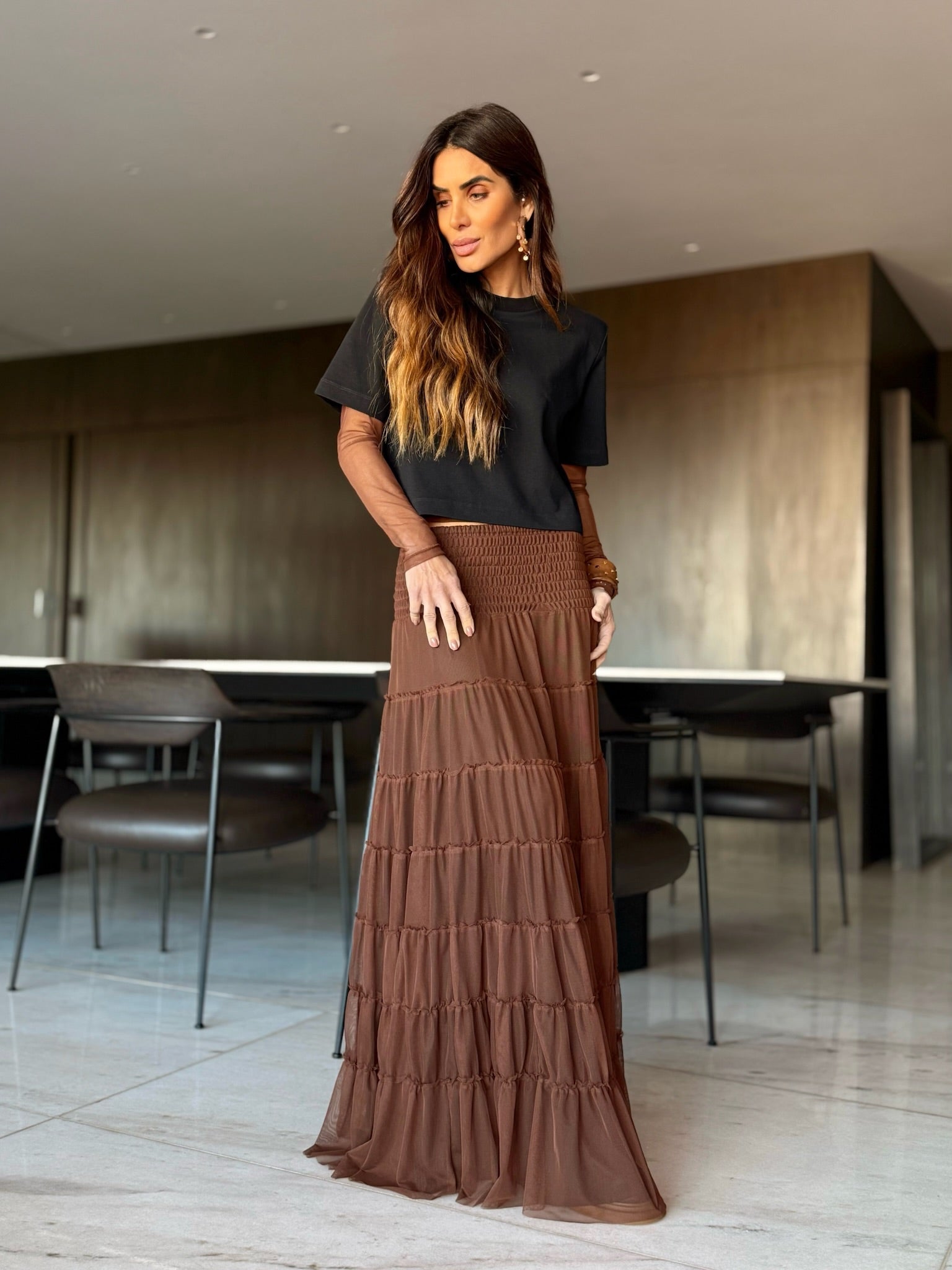 Conjunto Segunda Pele E Saia Em Tule