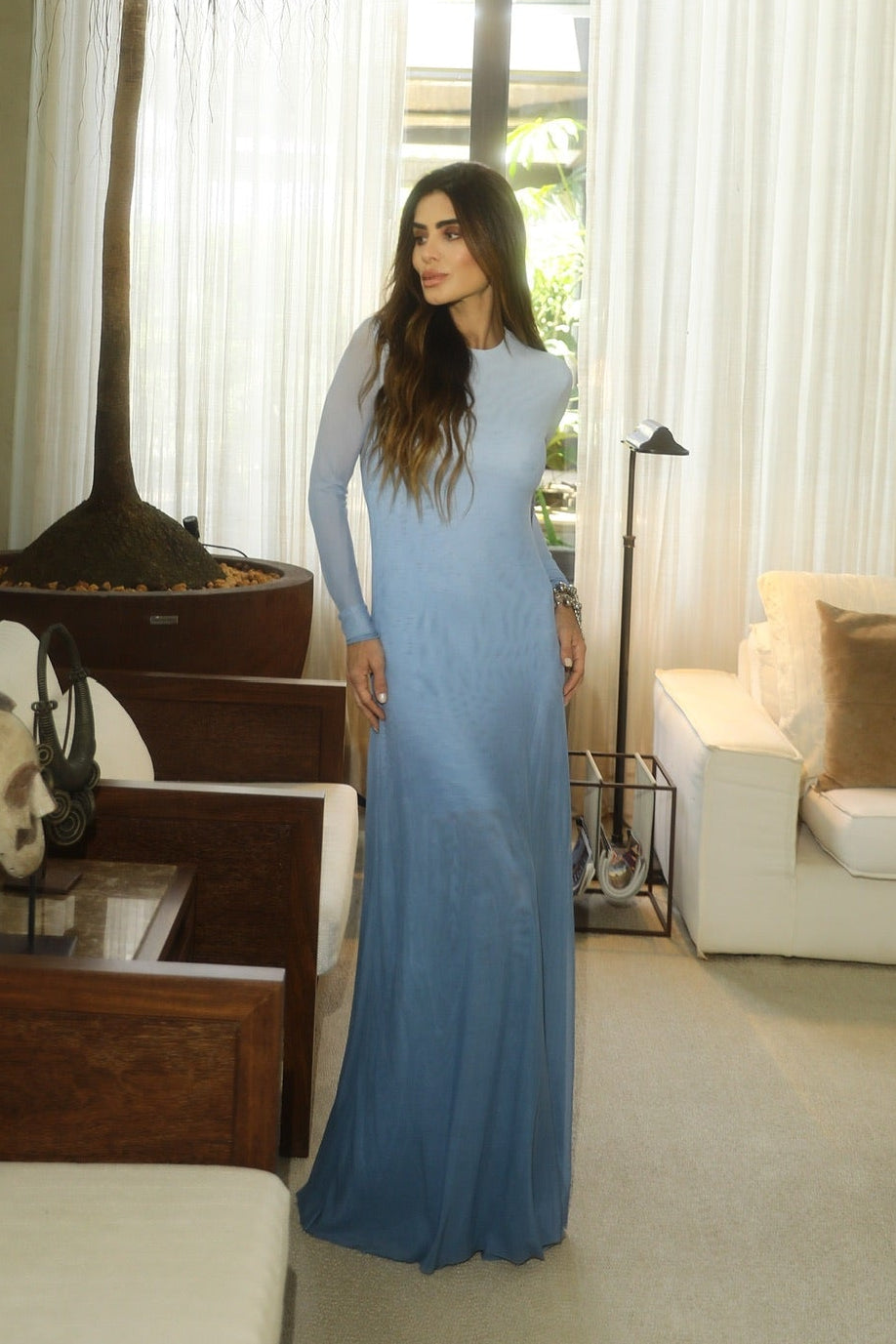 Vestido Em Tule Tie Dye Manga Longa