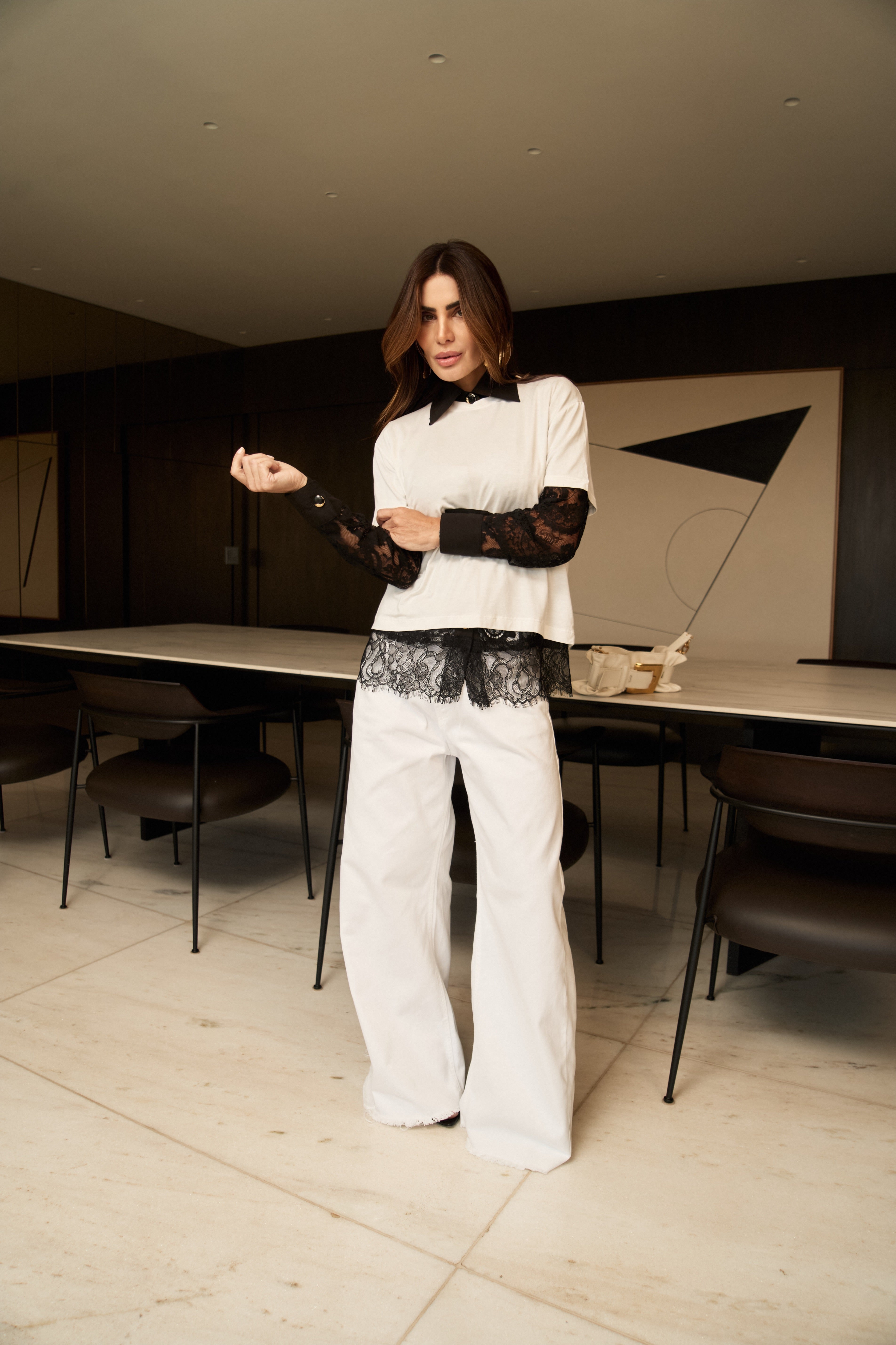 Camisa Renda com Tricoline Manga Longa