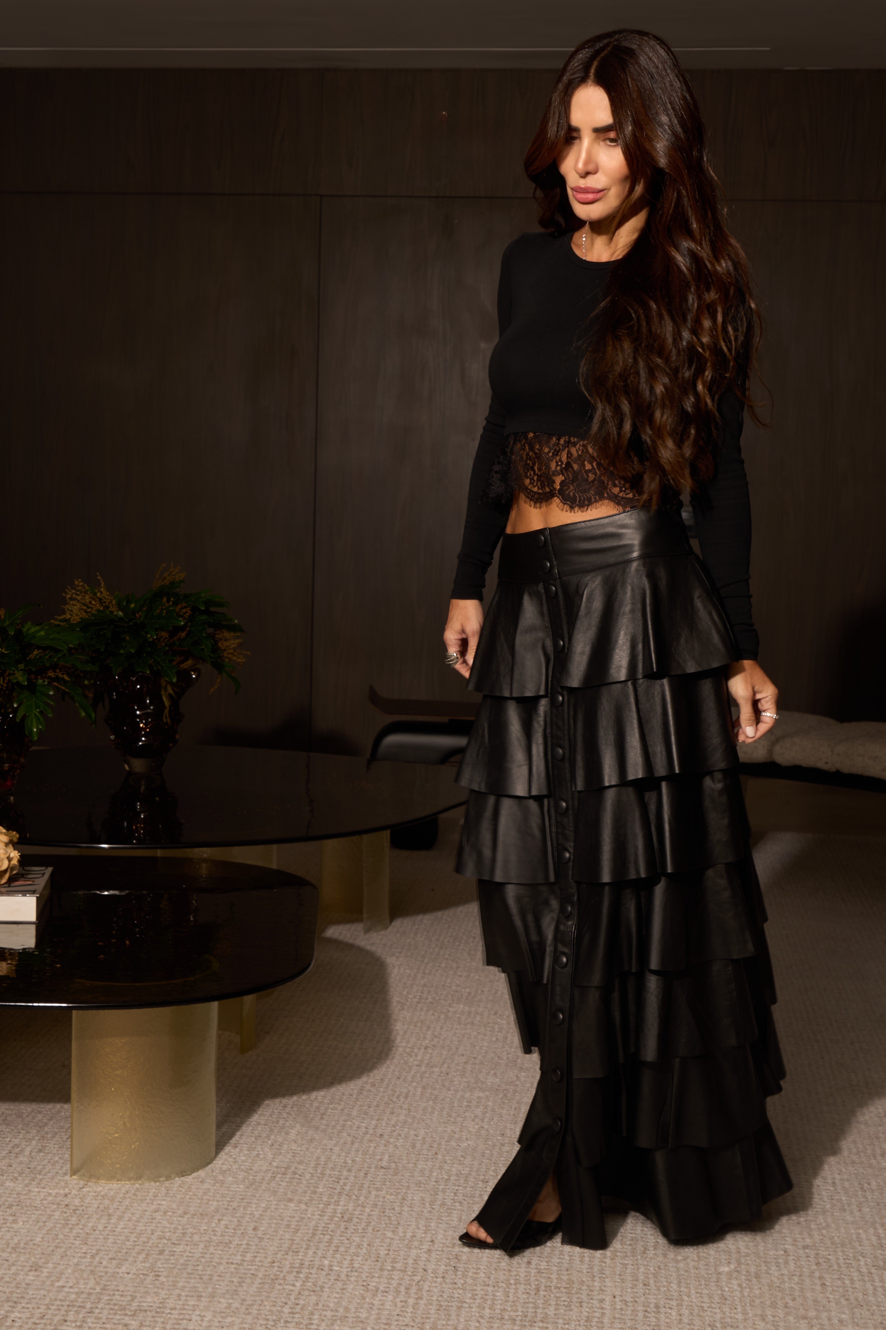 Saia De Couro Com Babados