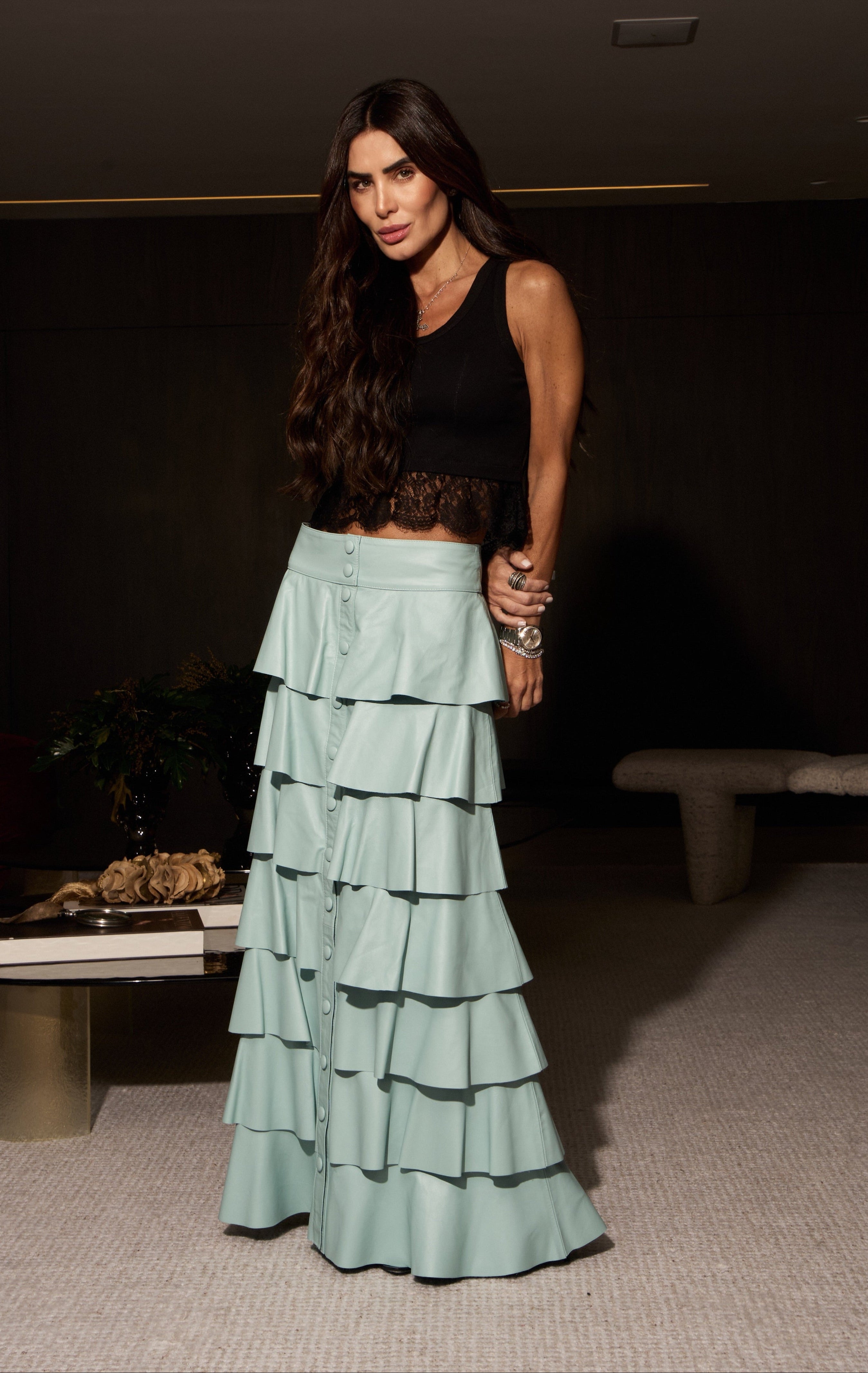 Saia De Couro Com Babados