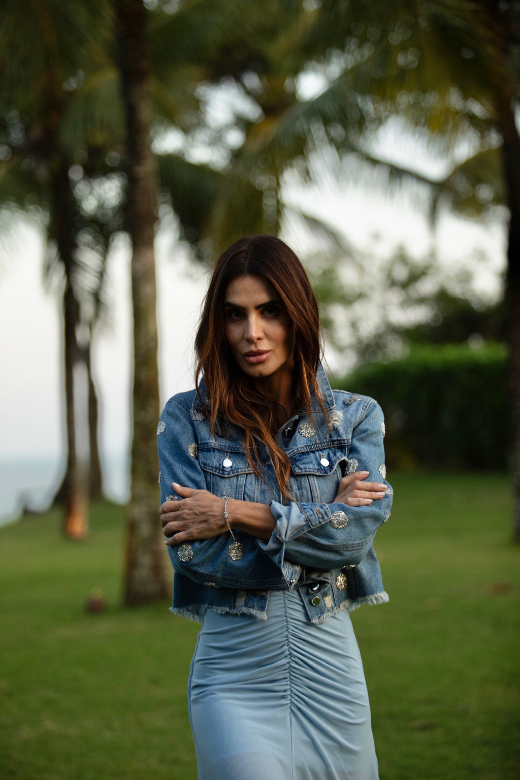 Jaqueta Jeans Bordada Em Mini Poás