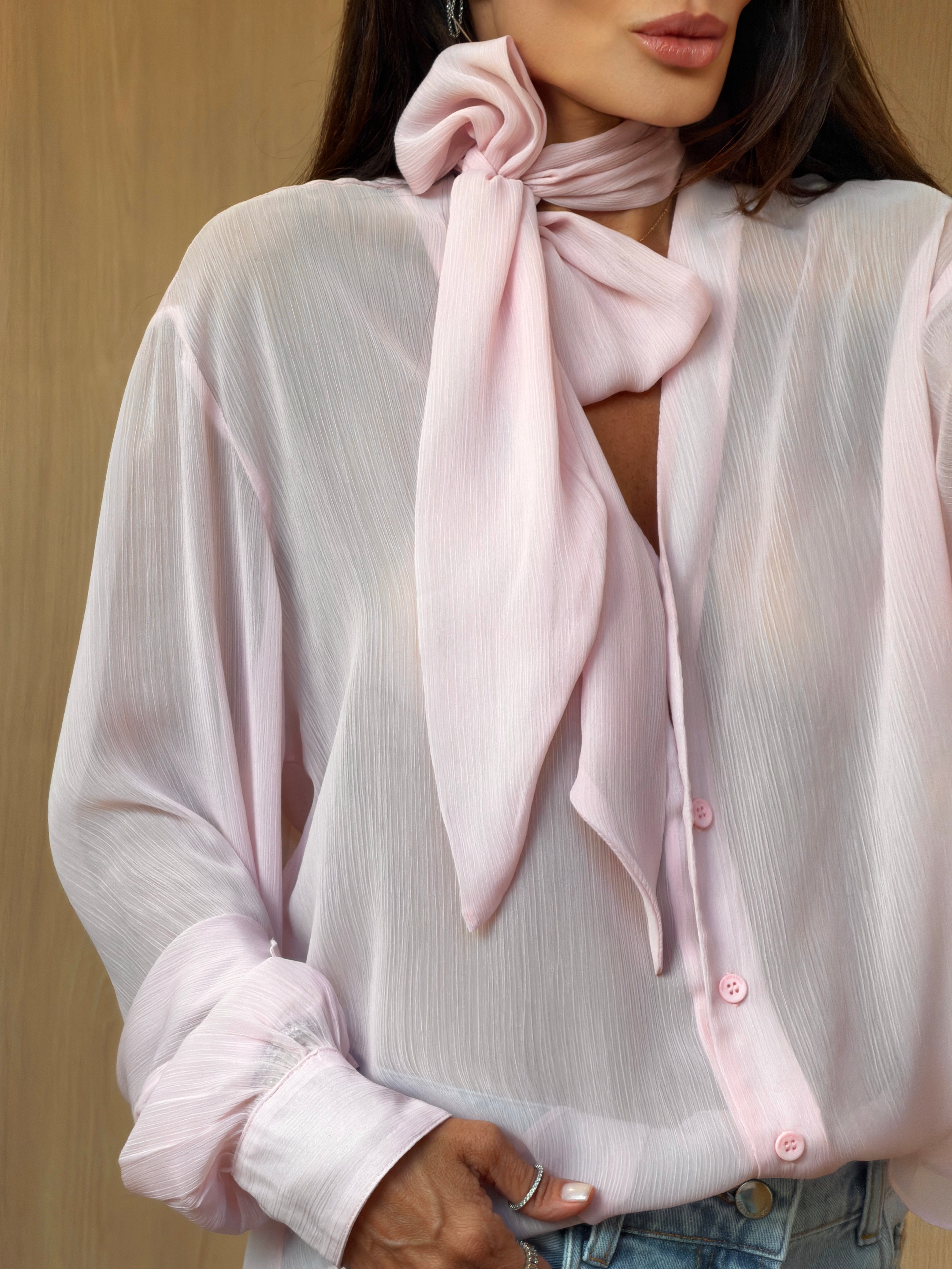Camisa Chiffon de Seda Gola Laço