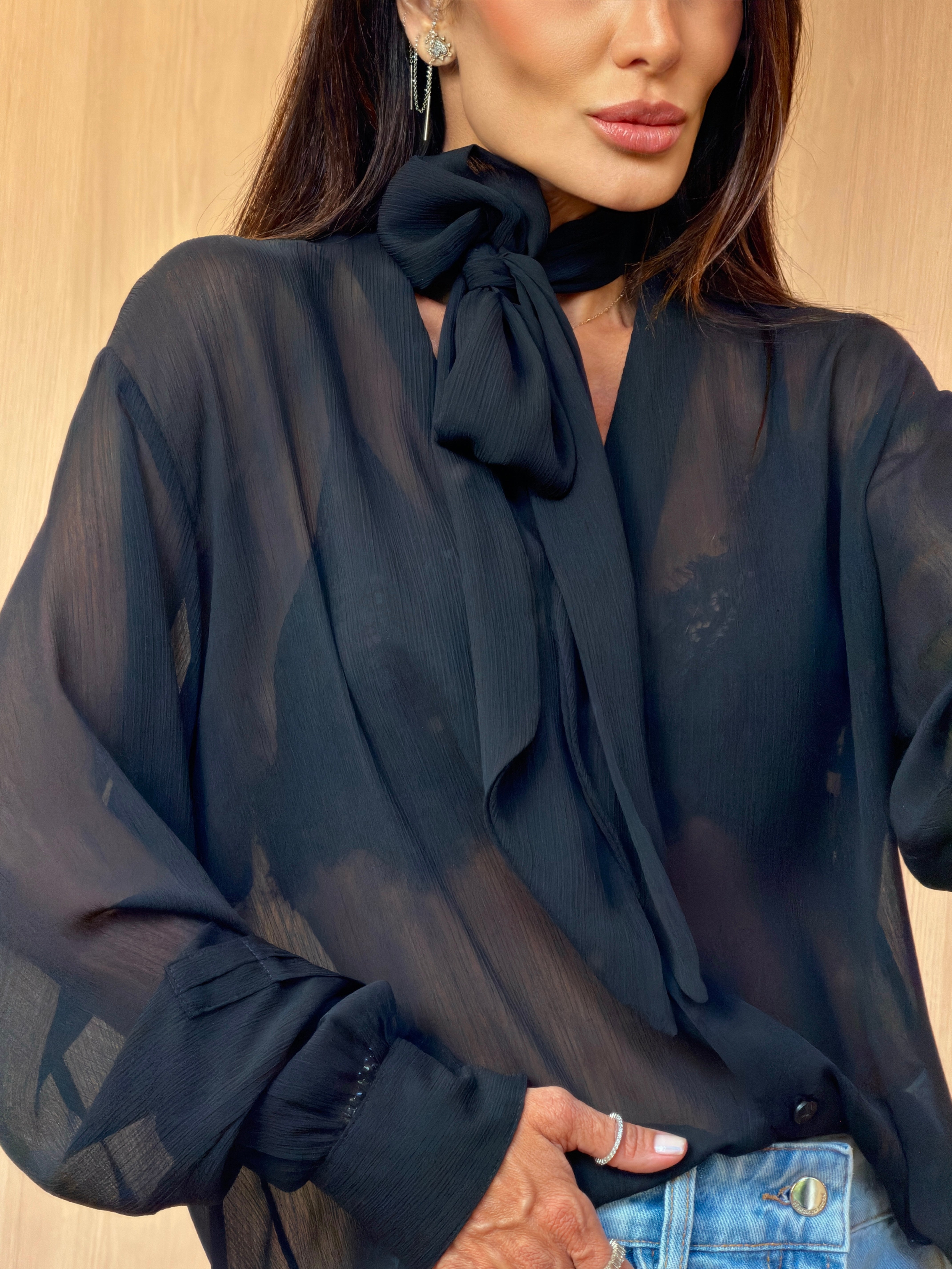 Camisa Chiffon de Seda Gola Laço