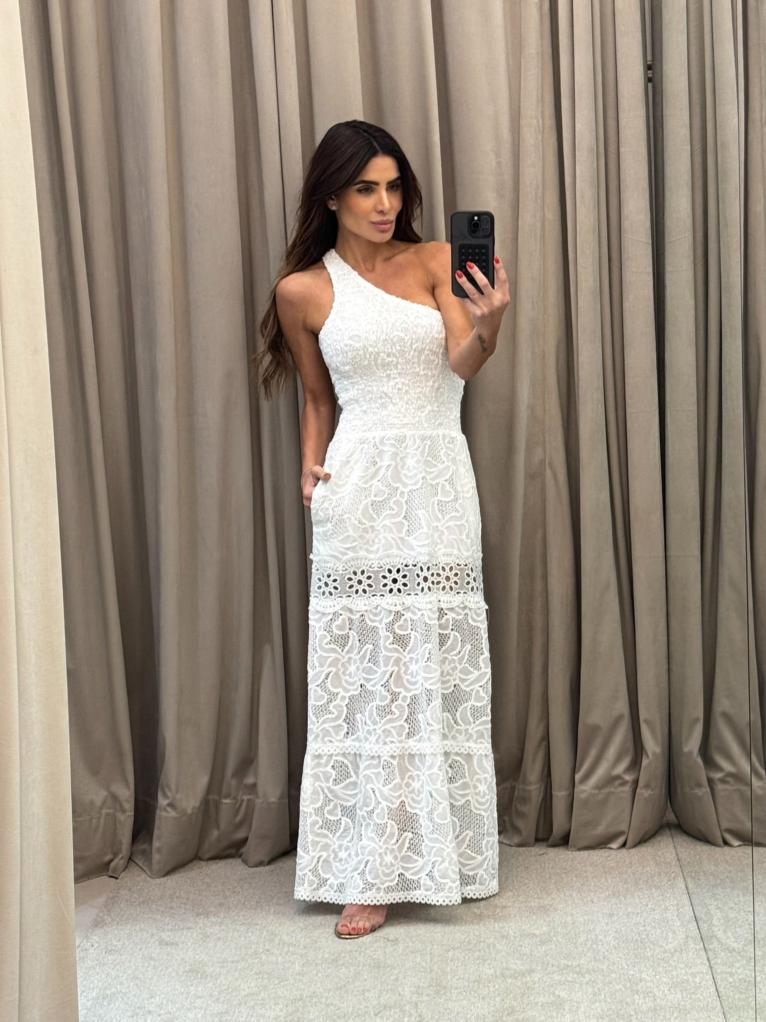 Vestido Um Ombro So Com Bolso Em Laise