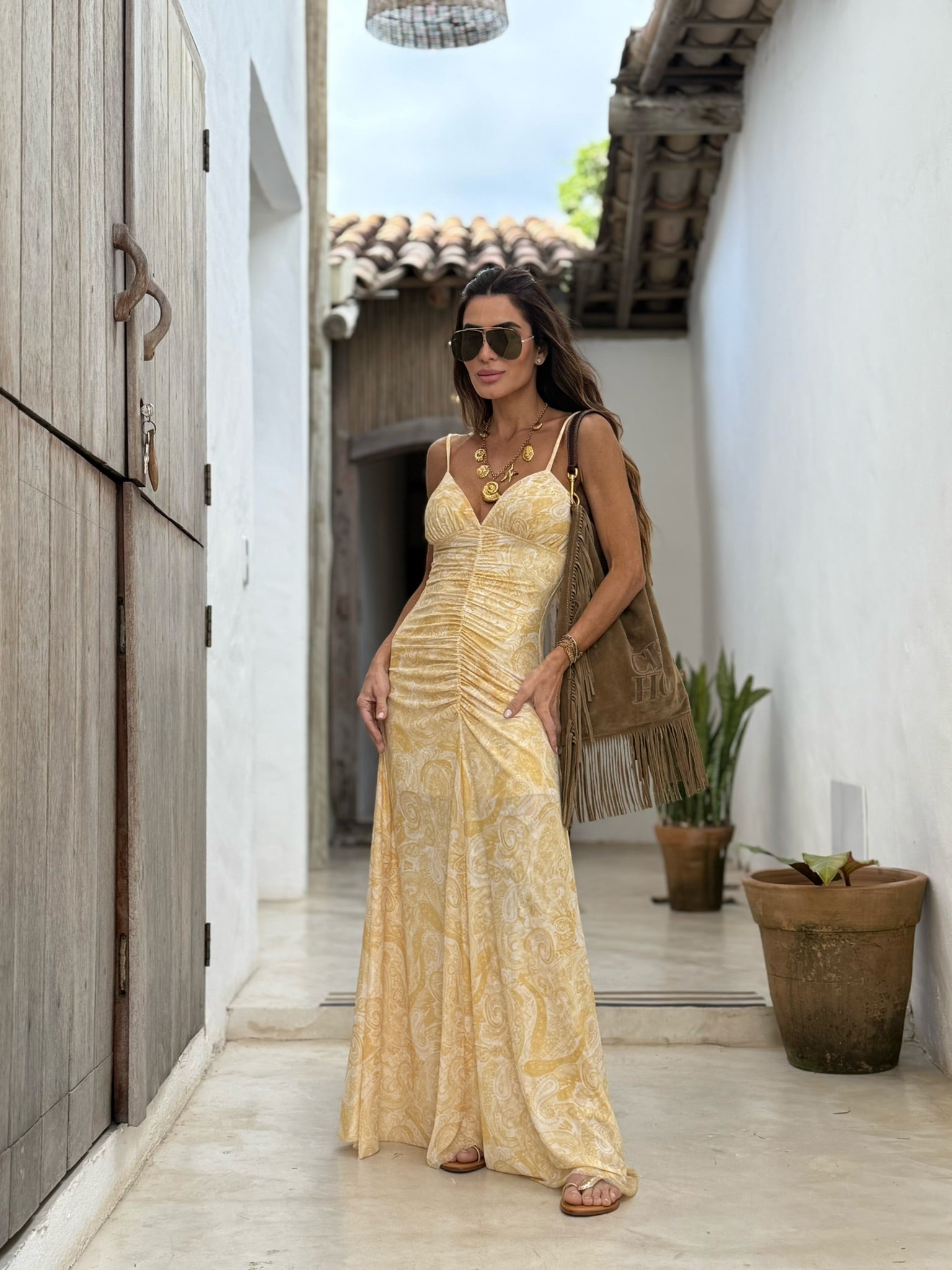 Vestido De Tule de Alcinha Franzido Com Estampa Cashmere