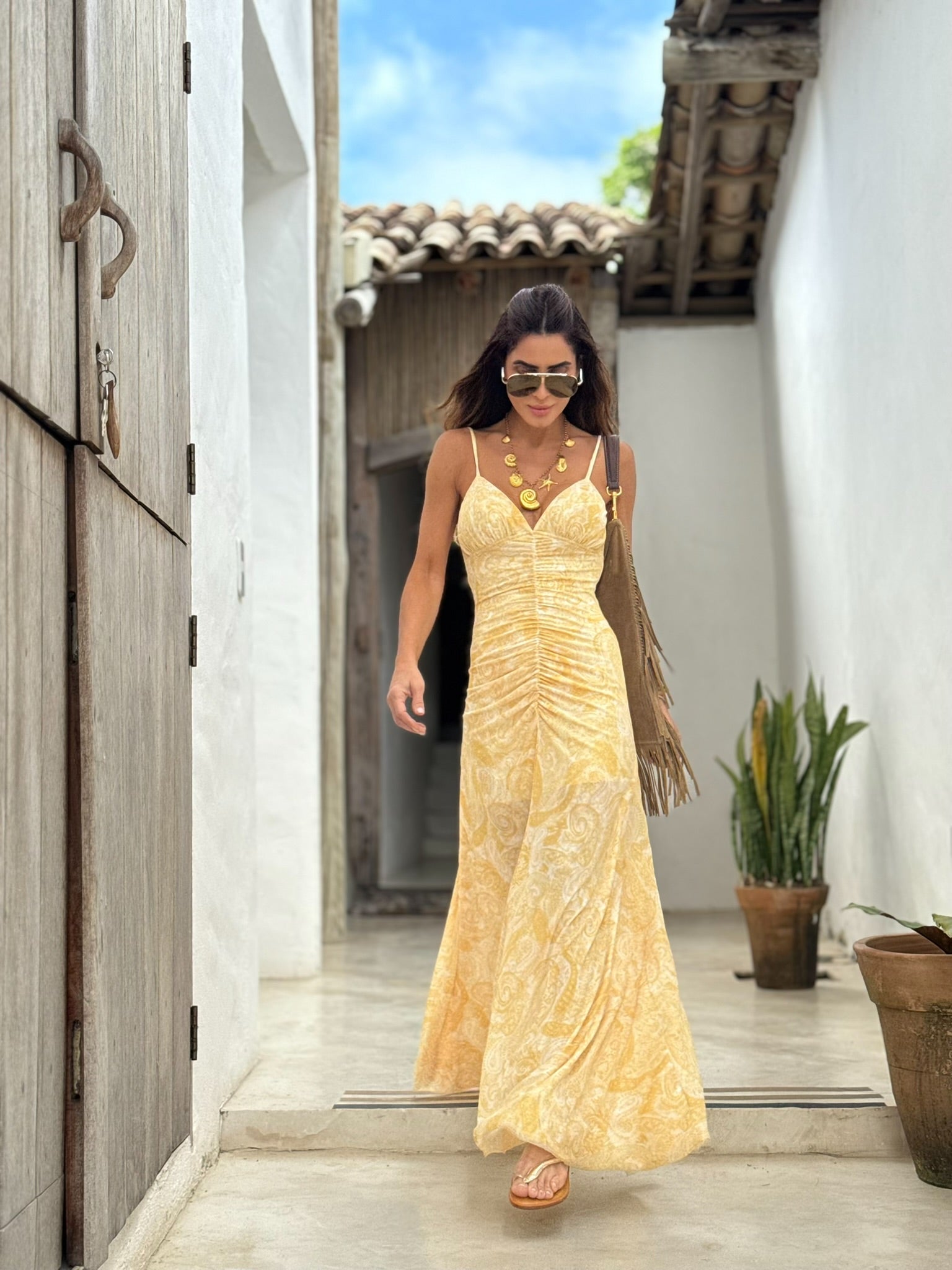 Vestido De Tule de Alcinha Franzido Com Estampa Cashmere