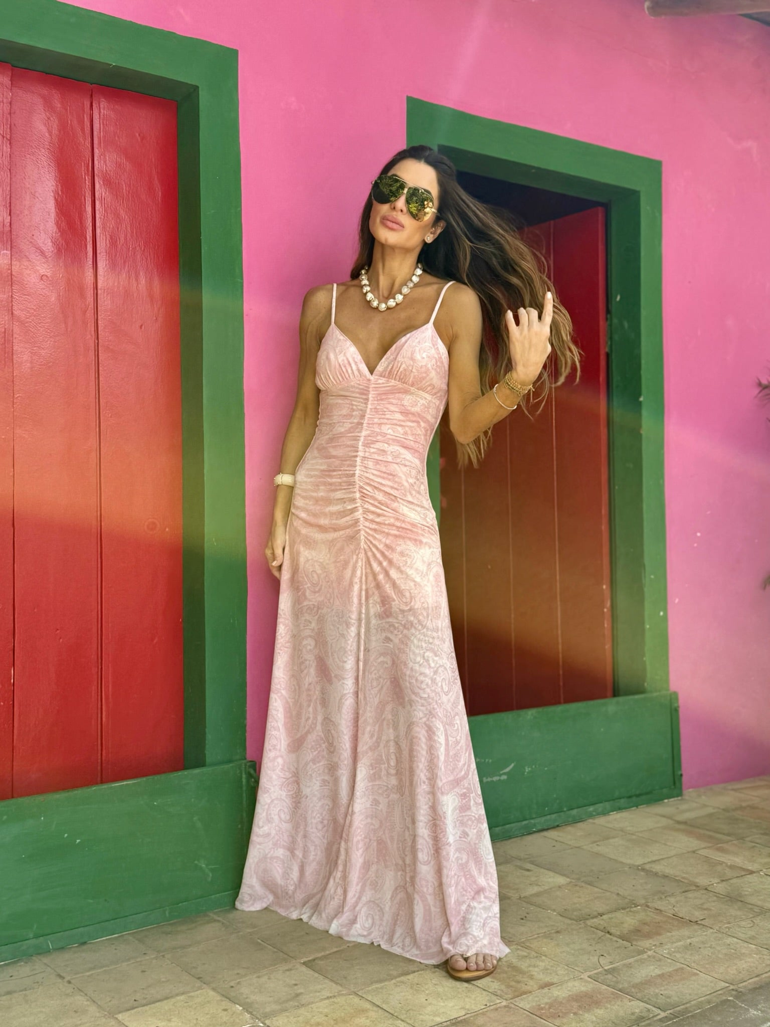 Vestido De Tule de Alcinha Franzido Com Estampa Cashmere