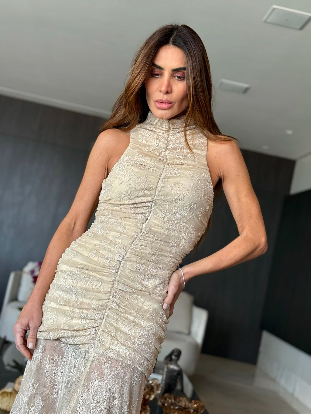 Vestido De Renda Franzido