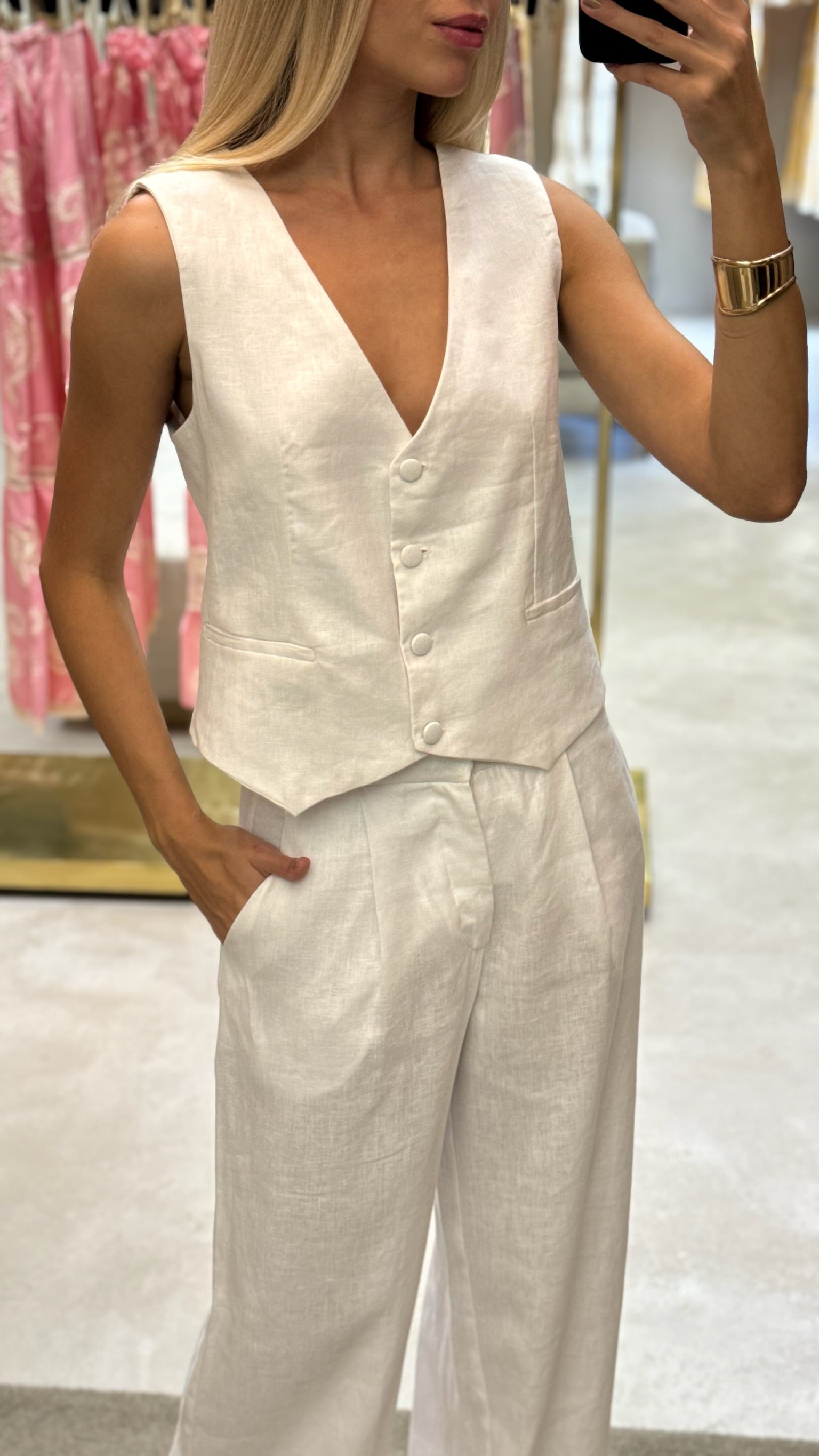 Conjunto Colete E Calça Sarja Com Perolas