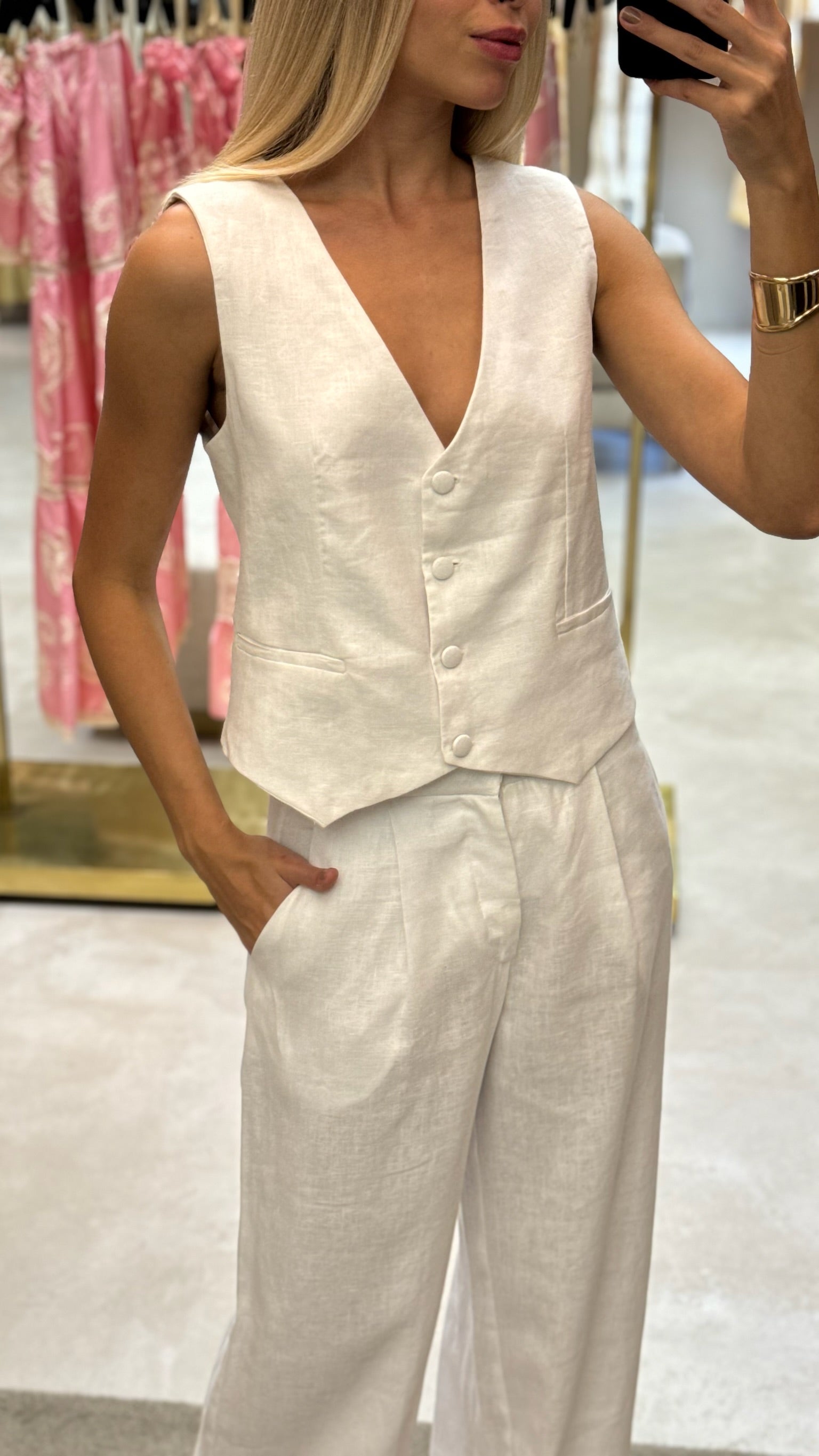 Conjunto Colete E Calça Sarja Com Perolas