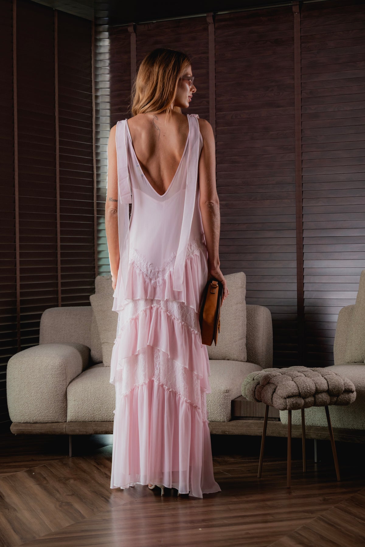 Vestido Longo Chiffon de Seda com Renda