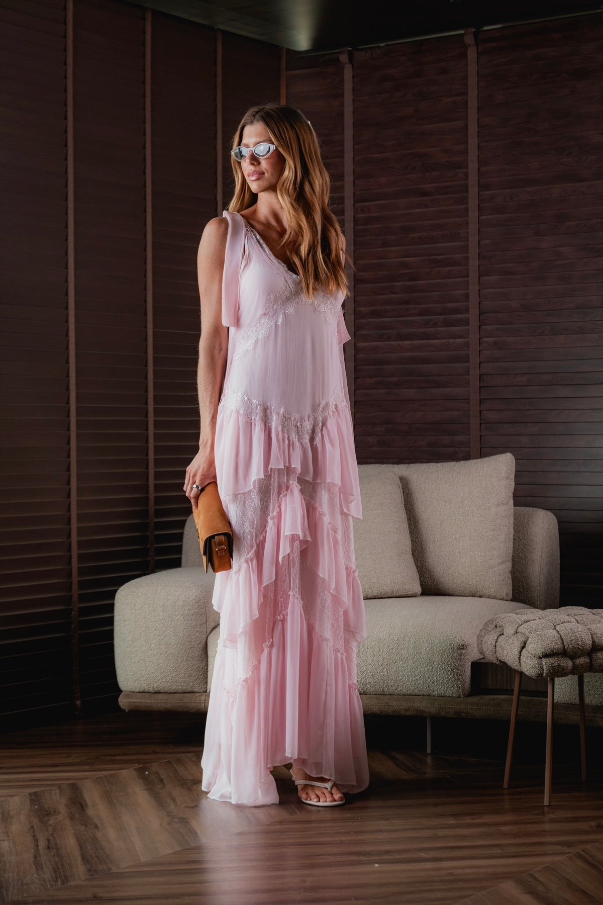 Vestido Longo Chiffon de Seda com Renda