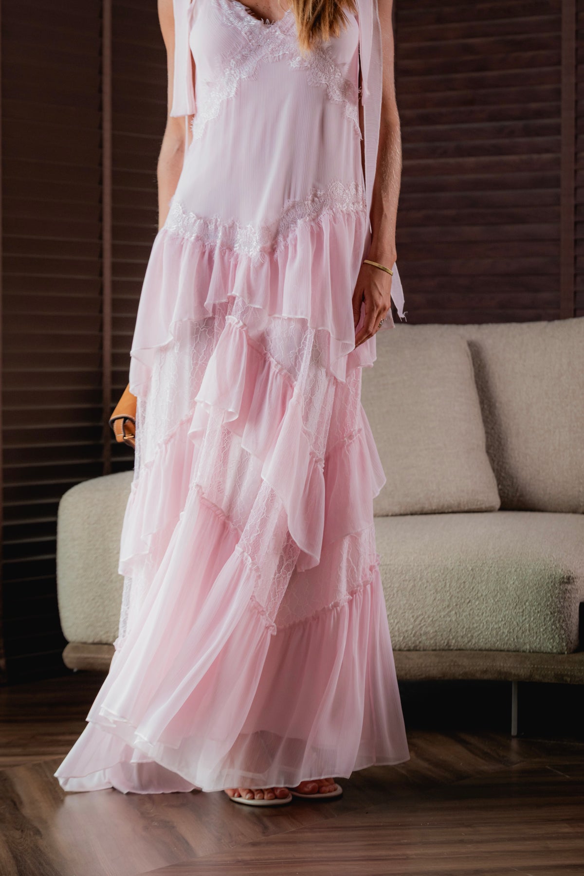 Vestido Longo Chiffon de Seda com Renda