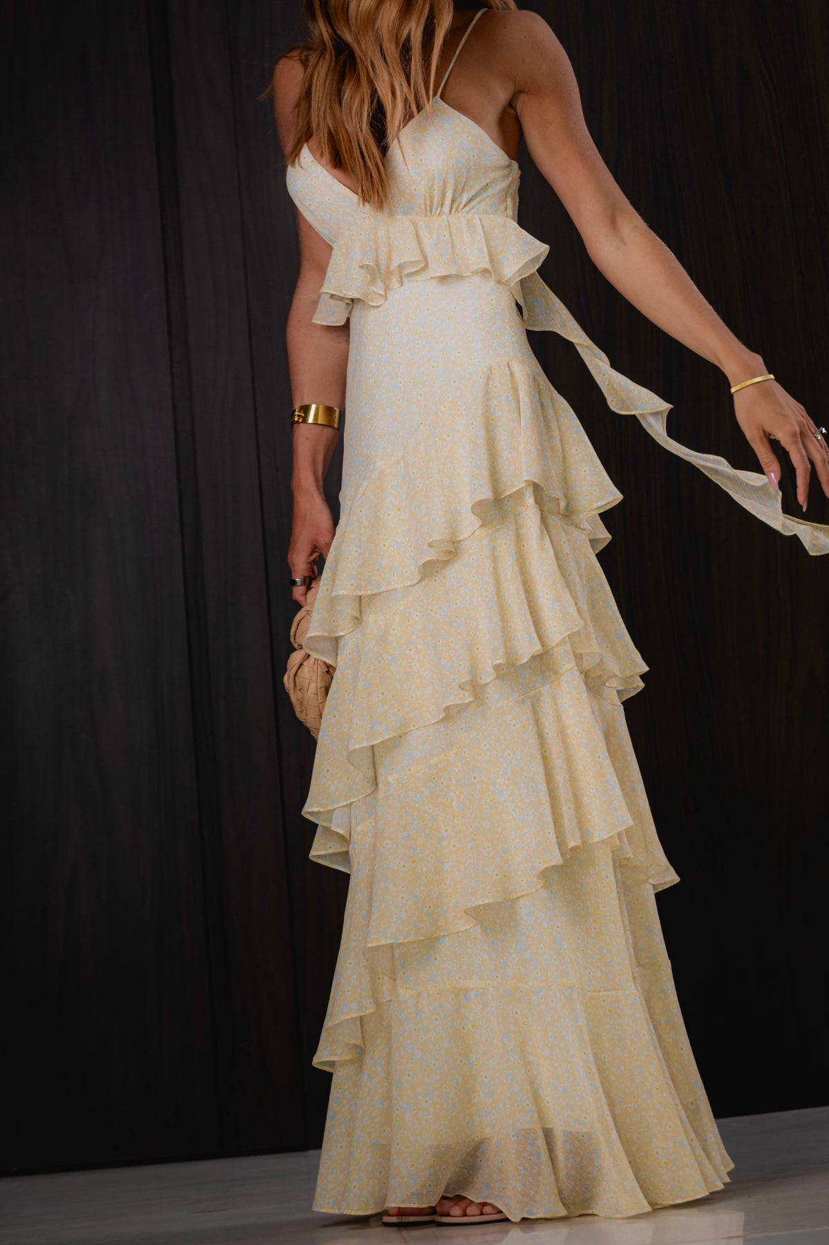 Vestido de Alcinha em Chiffon de Seda com Babados Estampa Liberty
