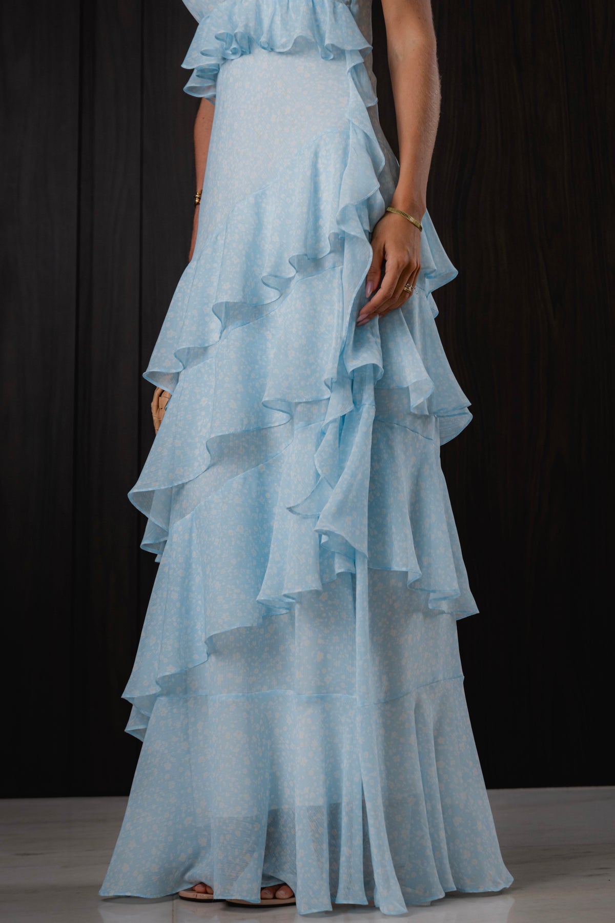 Vestido de Alcinha em Chiffon de Seda com Babados Estampa Liberty