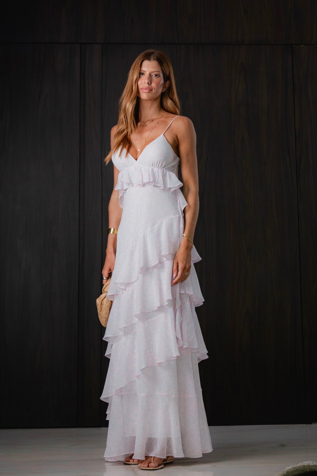 Vestido de Alcinha em Chiffon de Seda com Babados Estampa Liberty
