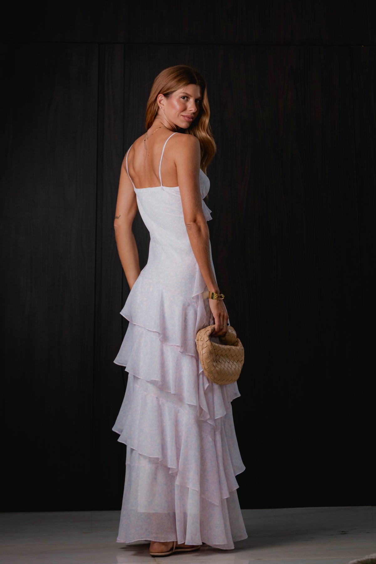 Vestido de Alcinha em Chiffon de Seda com Babados Estampa Liberty