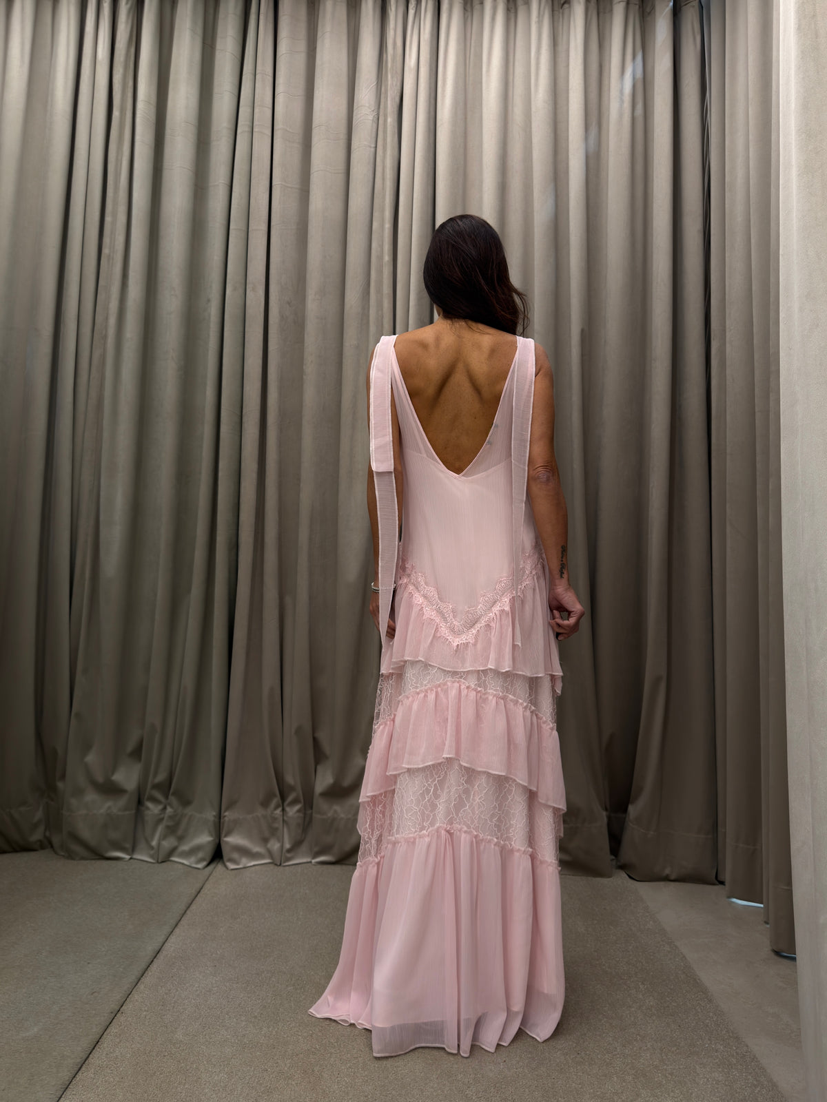 Vestido Longo Chiffon de Seda com Renda
