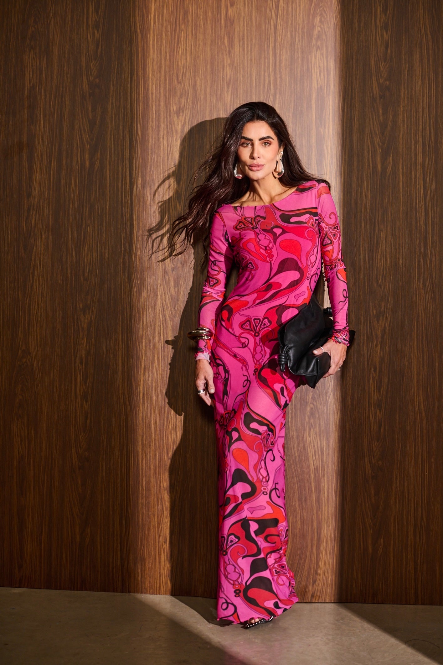 Vestido Longo em Tule Estampado Decote Canoa