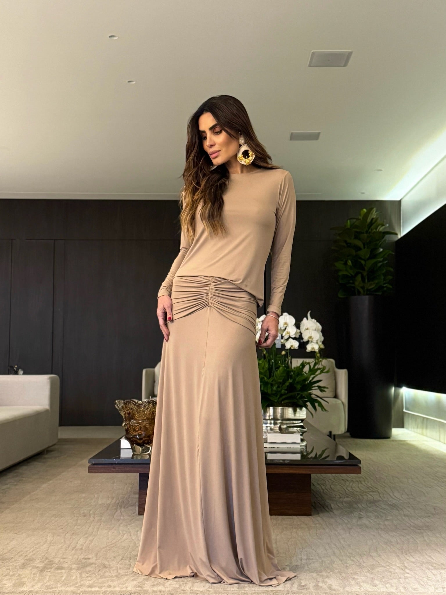 Conjunto Manga Longa Malha Fria Franzido