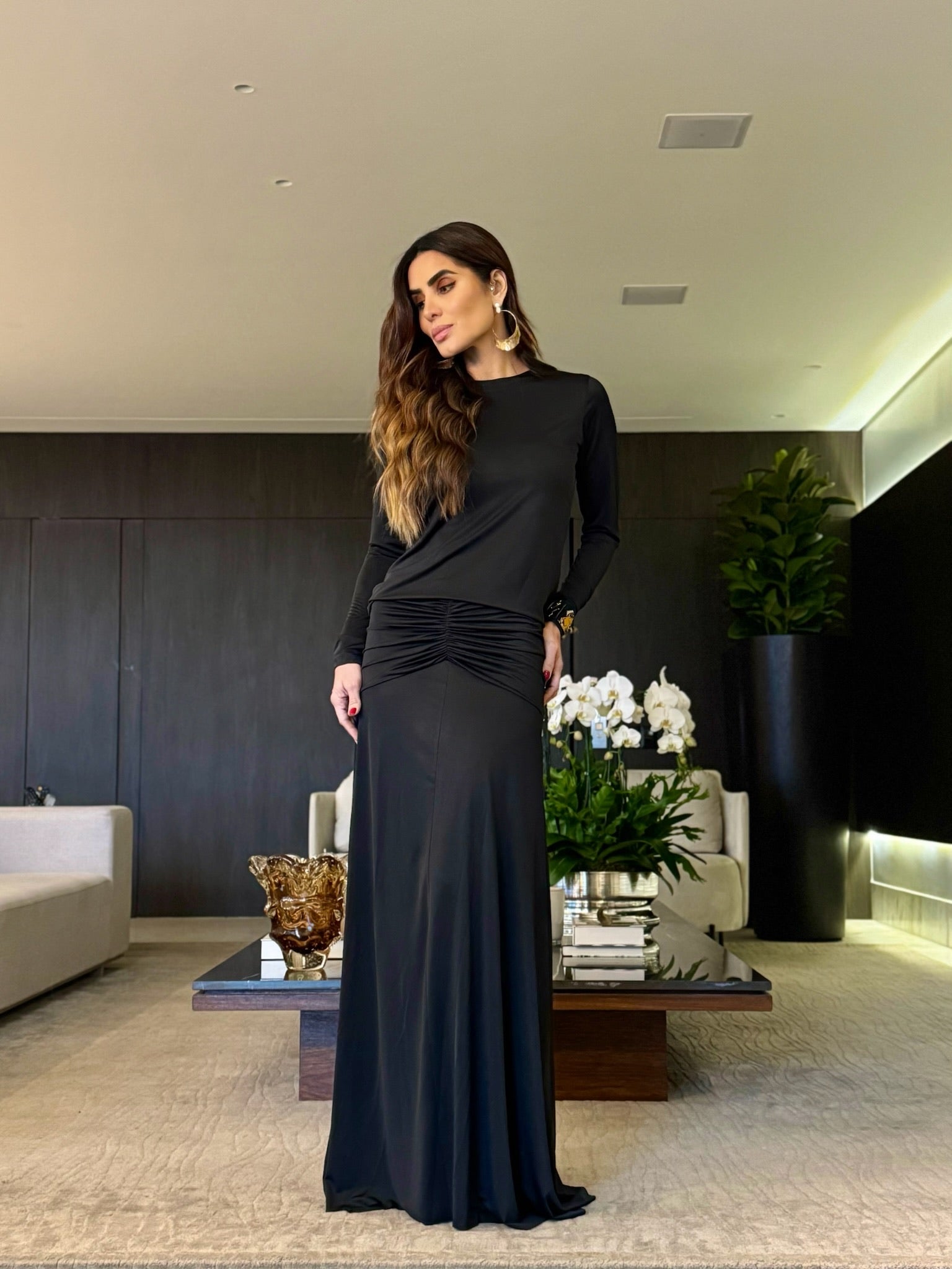 Conjunto Manga Longa Malha Fria Franzido