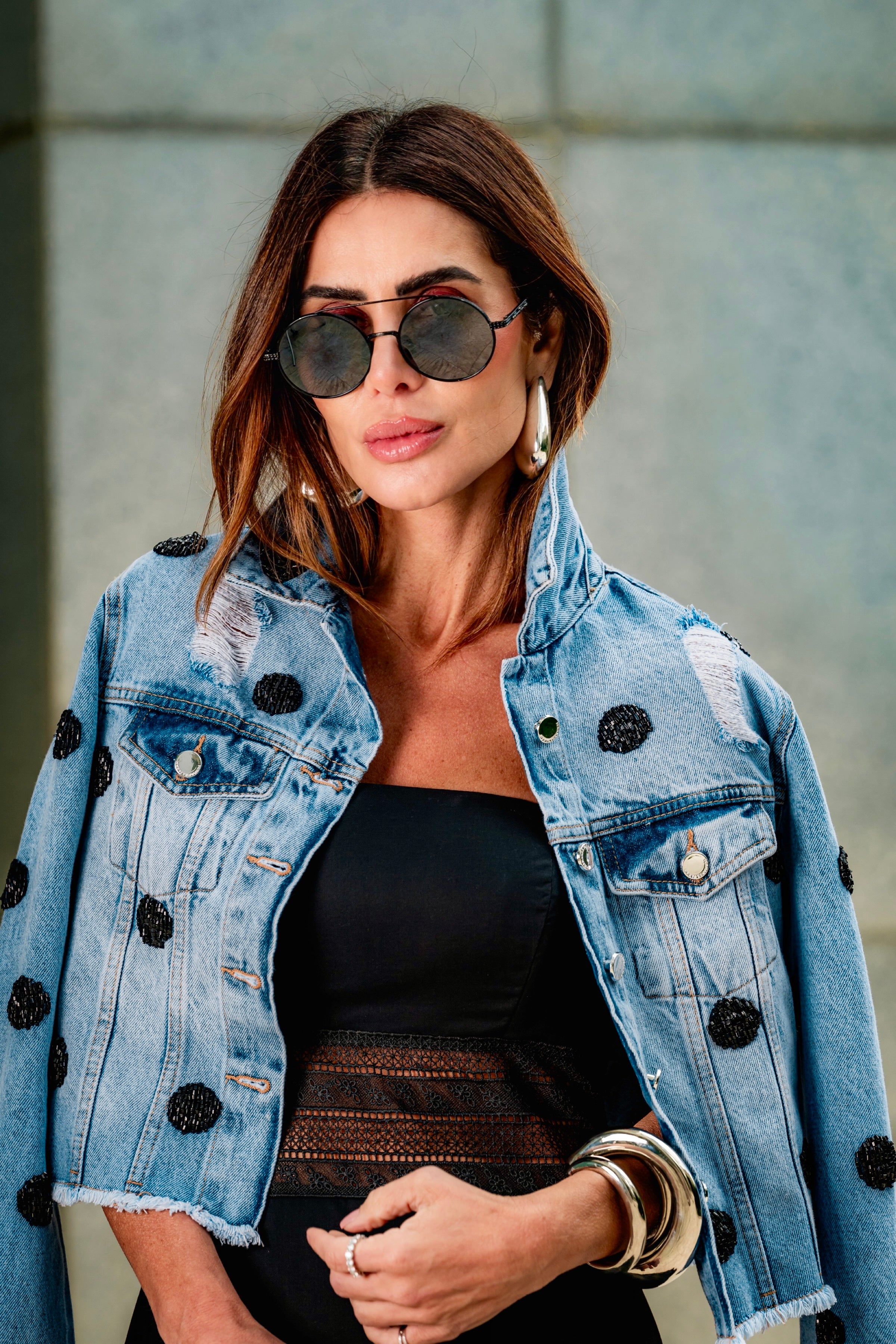 Jaqueta Jeans Bordada Em Mini Poás